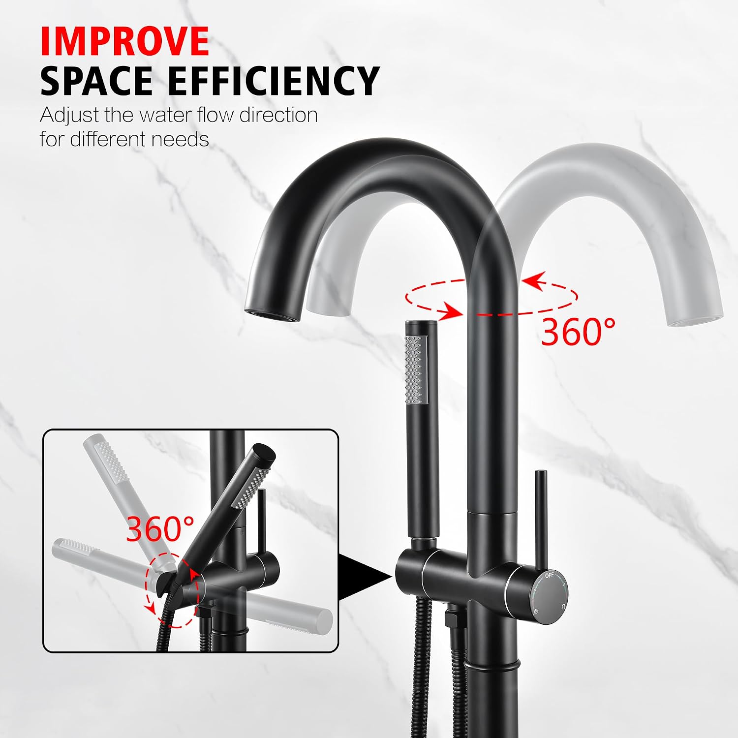 sumerain Matte Black Free Standing Tub Faucet with Handheld, High Flow Rate Bathroom Floor Mount Bathtub Faucet with Swivel Spout