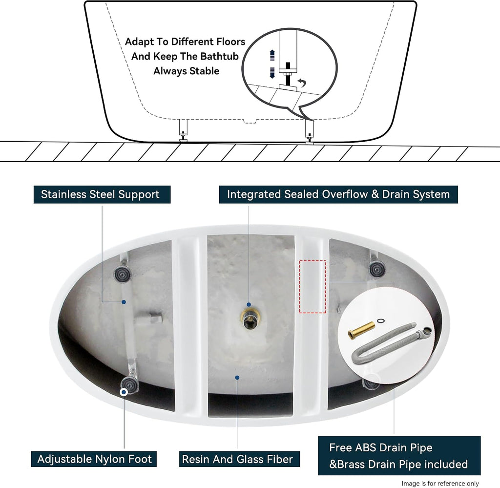FerdY Tahiti 55' Acrylic Freestanding Bathtub, Elegant Oval Shape Soaking Bathtub, Glossy White, Brushed Nickel Drain& Back Scrubber for Shower,Long Handled Loofah on a Stick, Soft PE Mesh Back Sponge