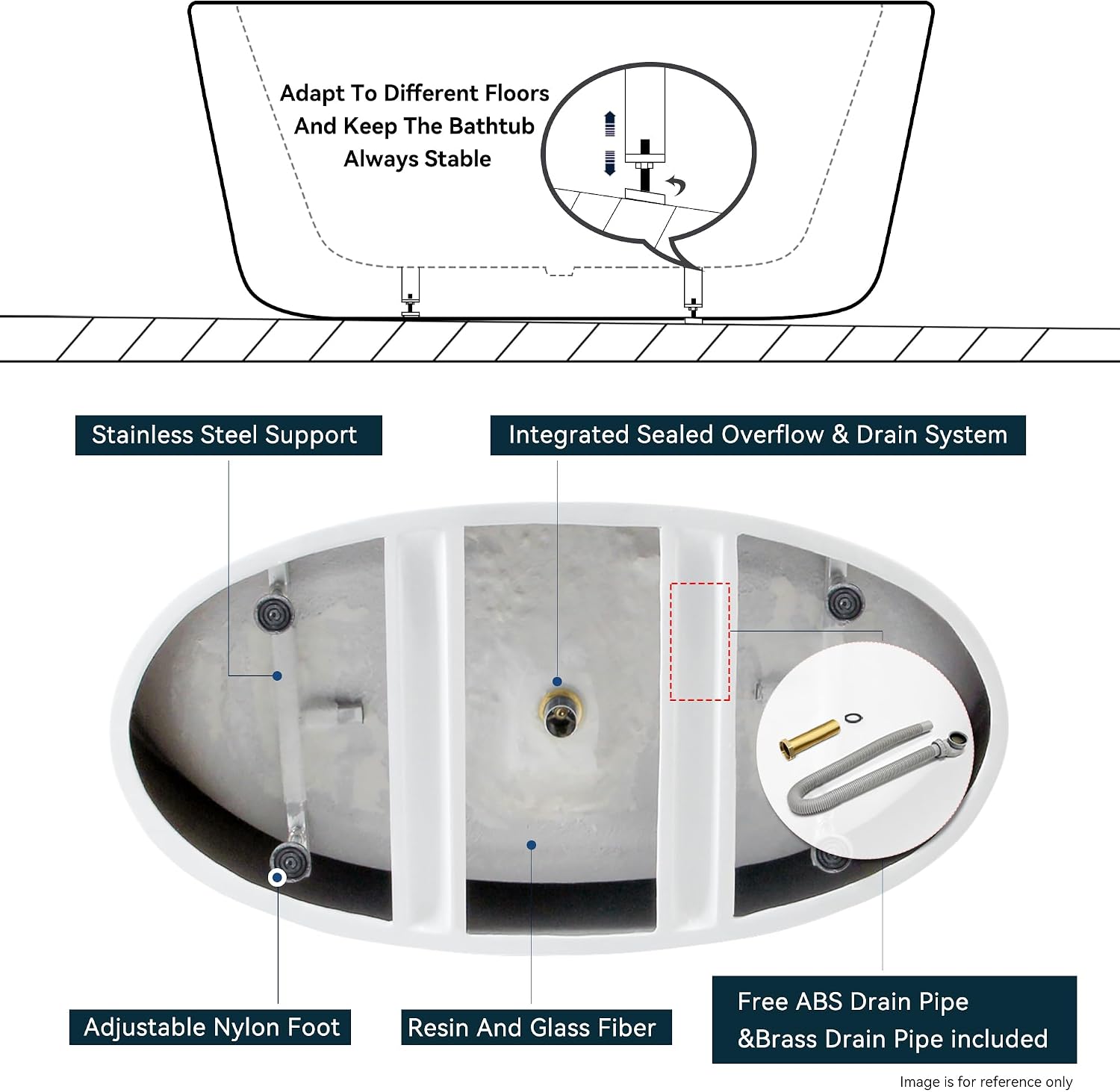 FerdY Tahiti 55' Acrylic Freestanding Bathtub, Elegant Oval Shape Soaking Bathtub, Glossy White, Brushed Nickel Drain& Back Scrubber for Shower,Long Handled Loofah on a Stick, Soft PE Mesh Back Sponge