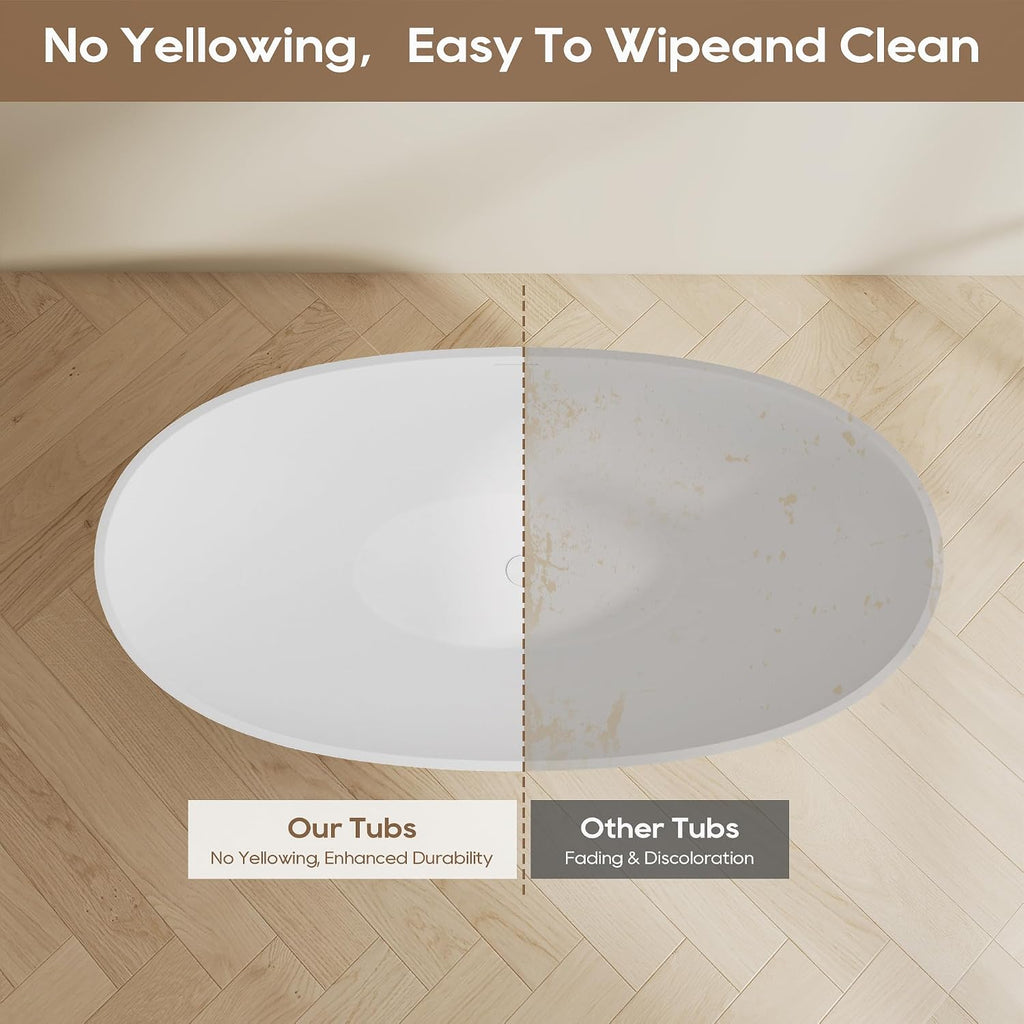 Oval 55' Freestanding Bathtub, Stone Resin Matte White | Solid Surface Stand Alone Bathtub, Modern Soaking Tub with Overflow and Pop-up Drain, cUPC Certified