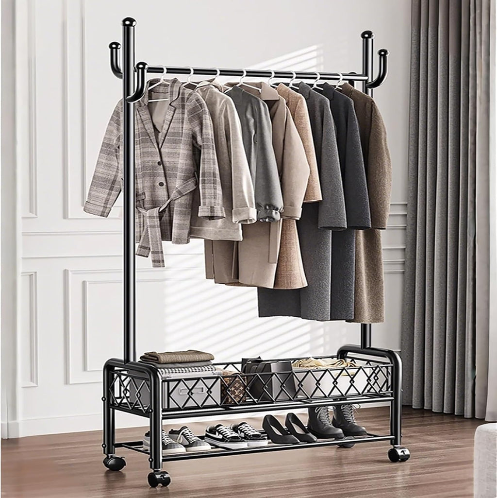 Clothes Rack With Storage Bottom Shelves And Coat/Hat Hooks,Garment Racks,Freestanding Rolling Clothes Organizer On Wheels For Hanging Clothes,For Bedroom Living Room(Black,100cm(39.4in))