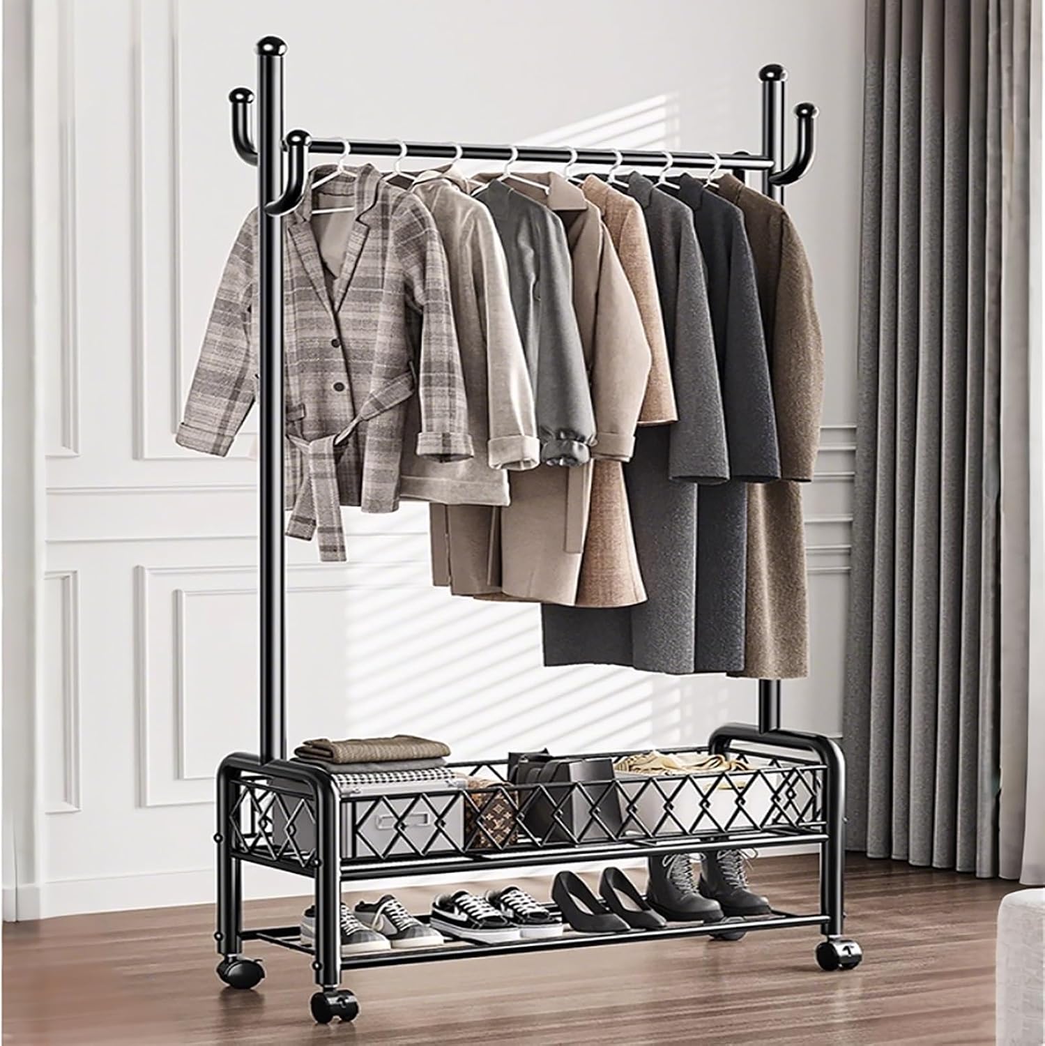 Clothes Rack With Storage Bottom Shelves And Coat/Hat Hooks,Garment Racks,Freestanding Rolling Clothes Organizer On Wheels For Hanging Clothes,For Bedroom Living Room(Black,100cm(39.4in))