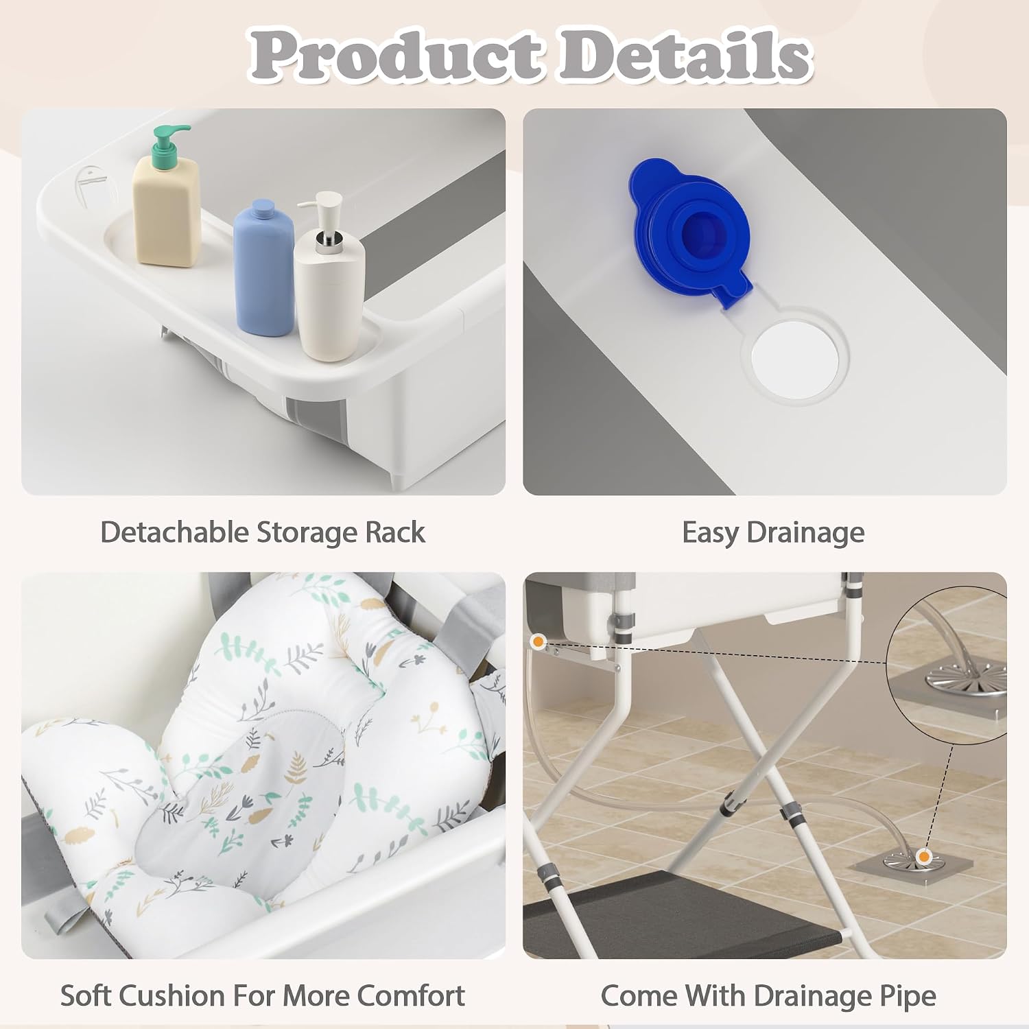 iNeibo Collapsible Baby Bathtub with Stand and Soft Infant Cushion - Suitable for 0-36 Months Toddlers - Back Pain Saving Design