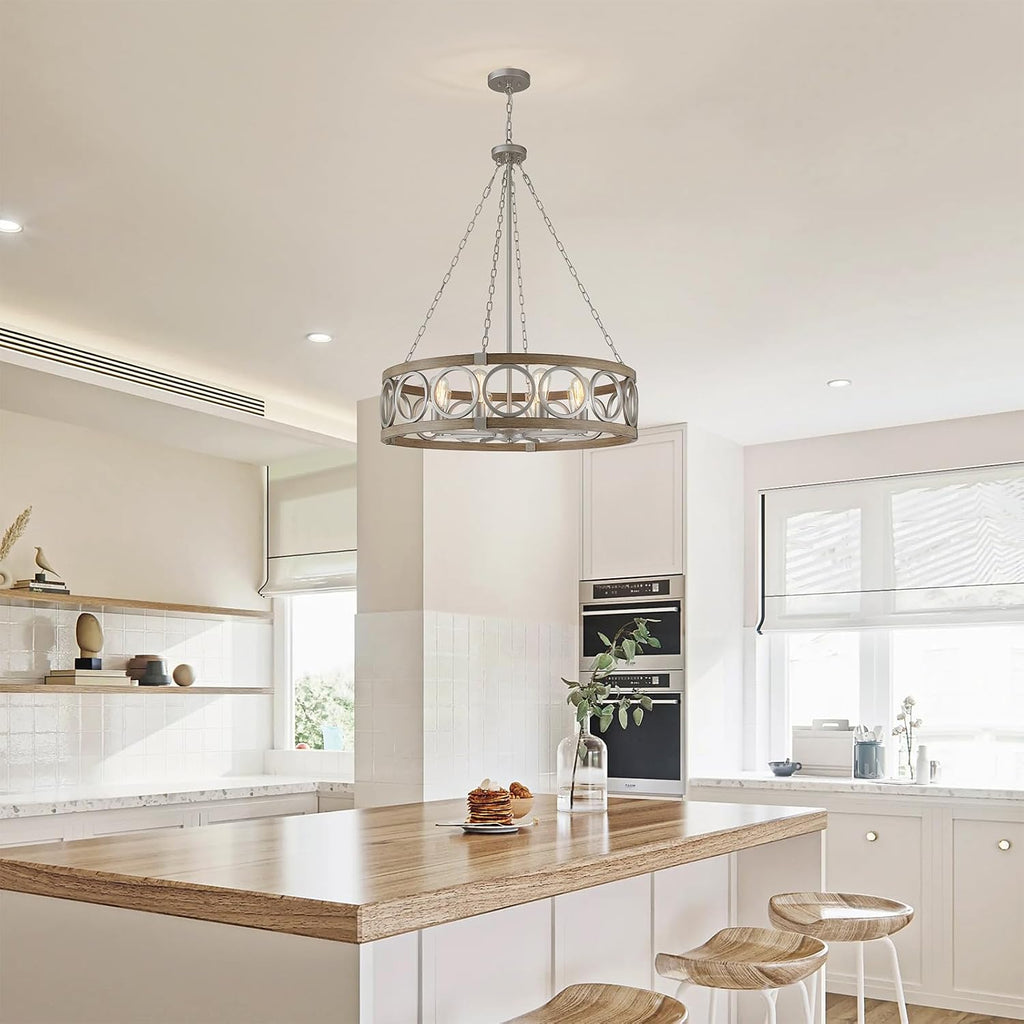 XINGQI 8-Light Modern Chandelier Large Round Drum Chandeliers for Dining Room 32.3' Rustic Pendant Brushed Nickel Light Fixture Over Table Farmhouse Metal Wood Grain Finish