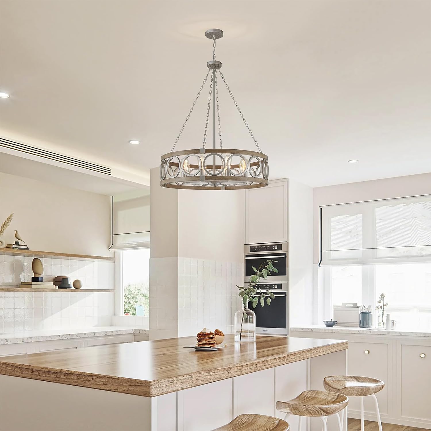 XINGQI 8-Light Modern Chandelier Large Round Drum Chandeliers for Dining Room 32.3' Rustic Pendant Brushed Nickel Light Fixture Over Table Farmhouse Metal Wood Grain Finish