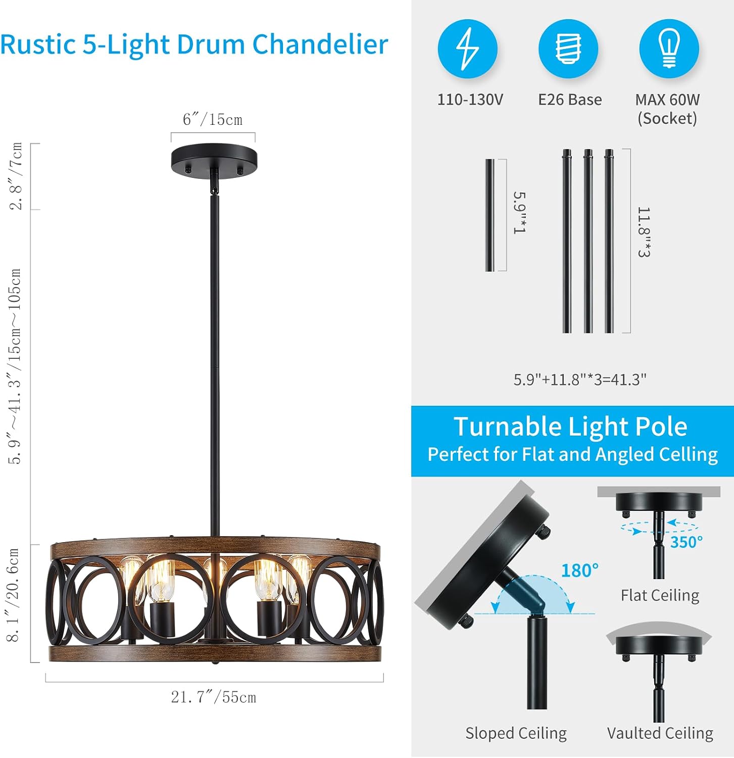 XINGQI Dining Room Chandelier 5-Light Black Modern Chandelier 21.7'' Farmhouse Drum Pendant Light Fixture for Living Room Kitchen Island Bedroom Office with Wood Grain Finish