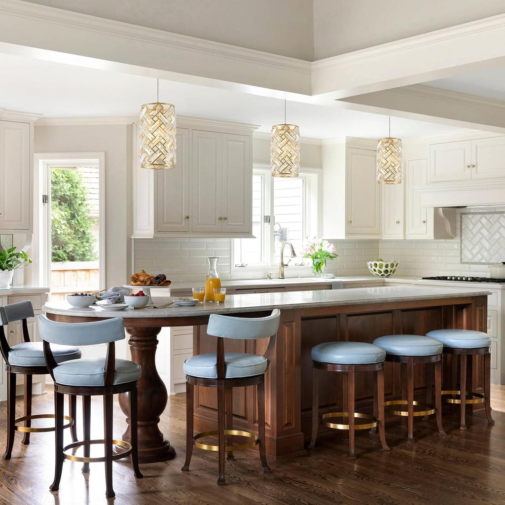 CATINER Modern Crystal Pendant Light Fixture 3-Pack Gold Finish Hanging Lighting Crystal Chandelier for Kitchen Island