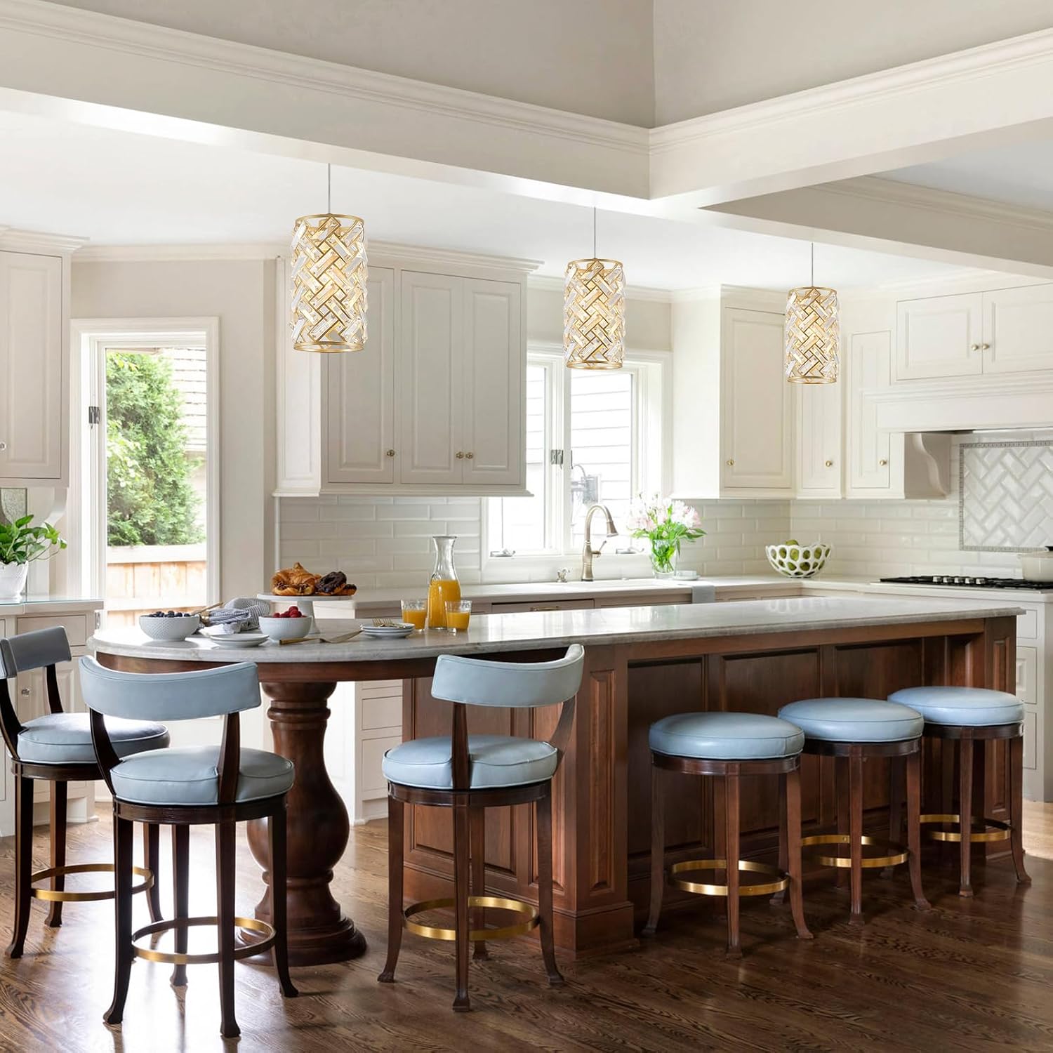 CATINER Modern Crystal Pendant Light Fixture 3-Pack Gold Finish Hanging Lighting Crystal Chandelier for Kitchen Island