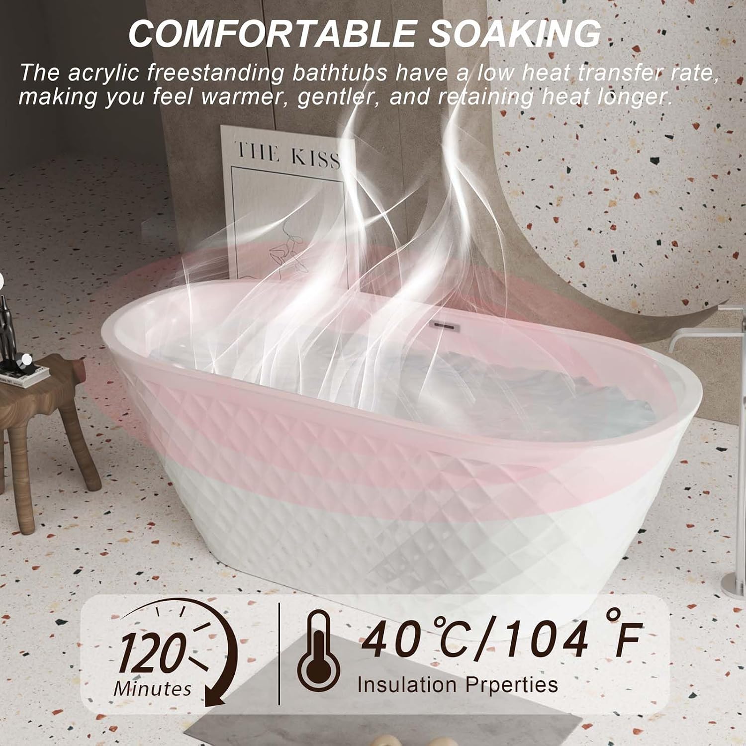 59' Acrylic Freestanding Tub, Oval Shape Soaking Tubs with Unique Diamond Pattern, Free Standing Bathtub for Bathroom
