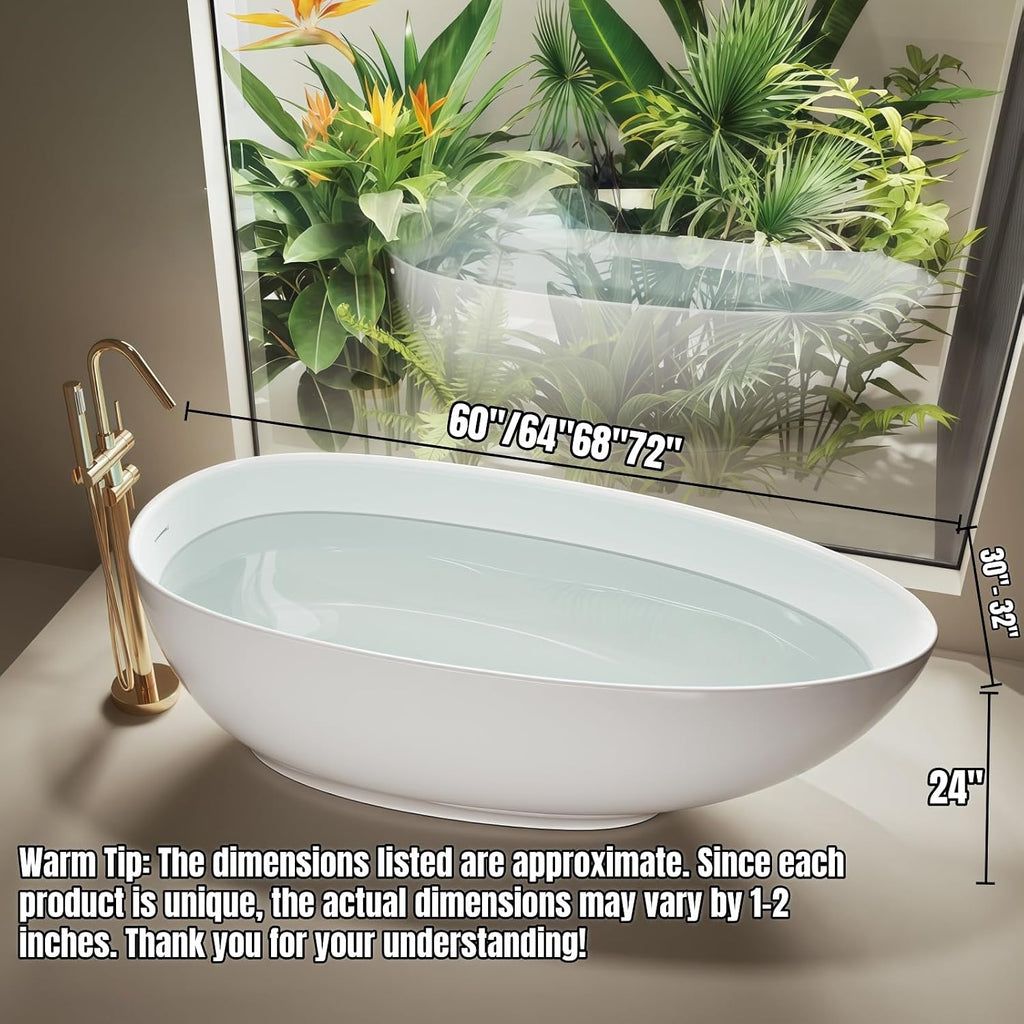 60' Edeyeu Freestanding Bathtub - Modern Artificial Stone Soaking Bathtub, Extra-Deep Freestanding Bathtub, Colored Free Standing Tub, Durable Pmma Artificial Stand Alone Tub Green