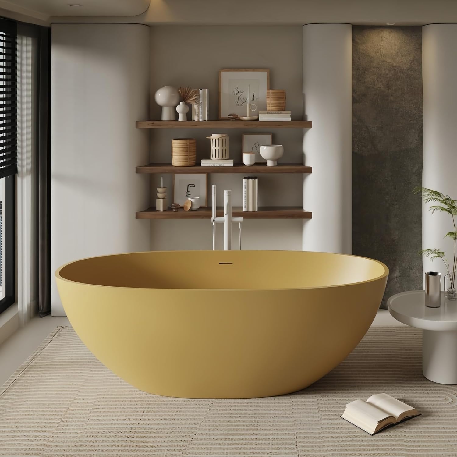 64' Edeyeu Freestanding Bathtub - Oval Deep Soaking Tub with Engineered Stone Build, Ergonomic Backrest and Heat-Retaining Layers, Luxury Solid Surface Bathtub for Modern Bathrooms Orange