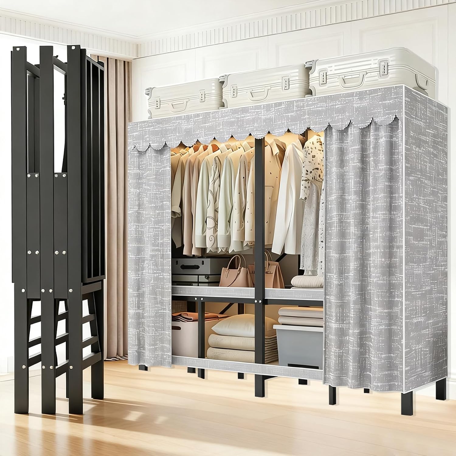 49.2in Foldable Heavy Duty Rolling Covered Metal Garment Rack on Lockable Wheels Large Capacity 360°Enclosed Portable Wardrobe Closet for Bedroom Hanging Clothes (D,Gray Cover, 125cm/49.2in)
