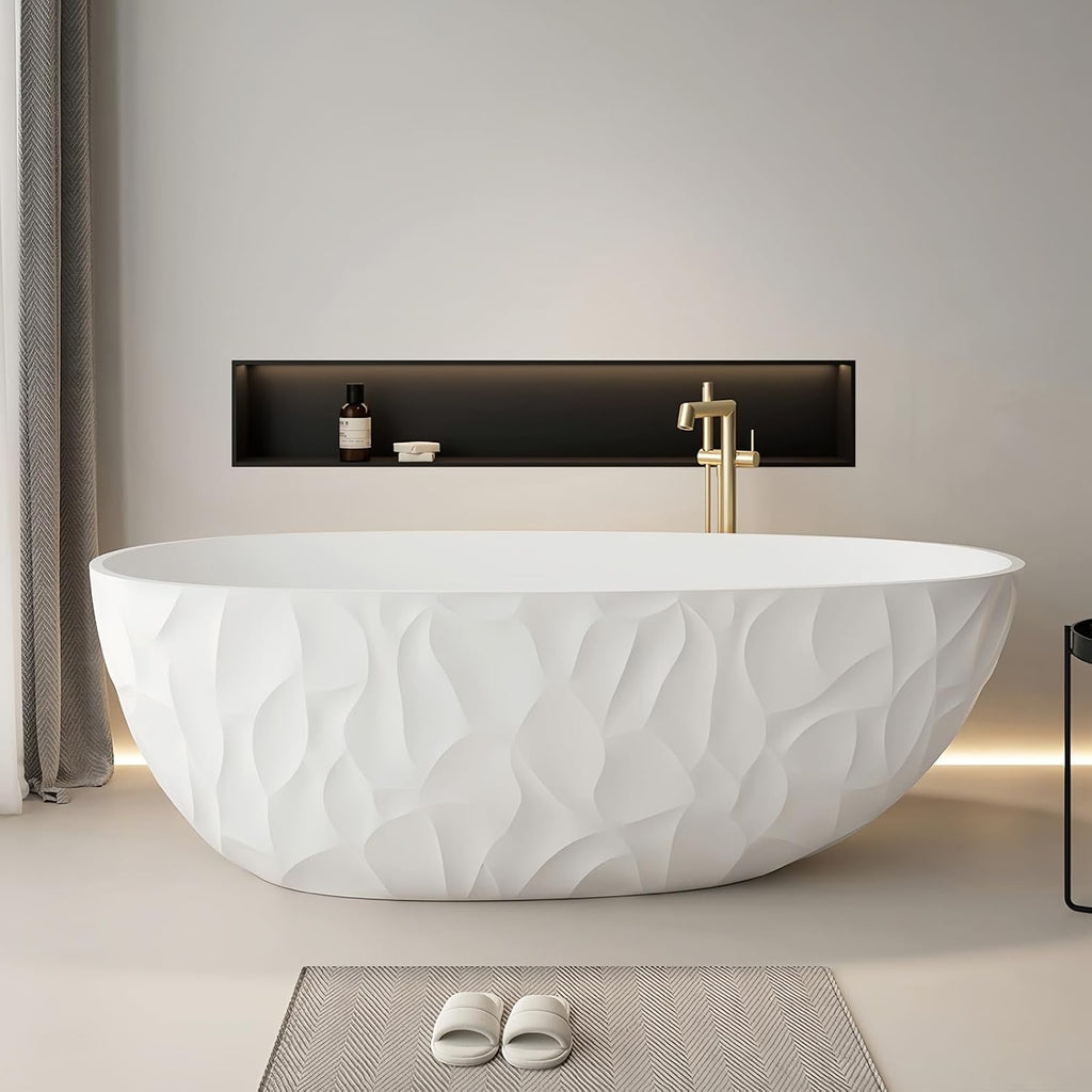 63' Edeyeu Luxury Freestanding Bathtub – Modern Solid Surface Bathtub With Ripple Design, Extra Deep Soaking Tub, Ergonomic Stand Alone Tub For Contemporary Luxury Bathrooms A
