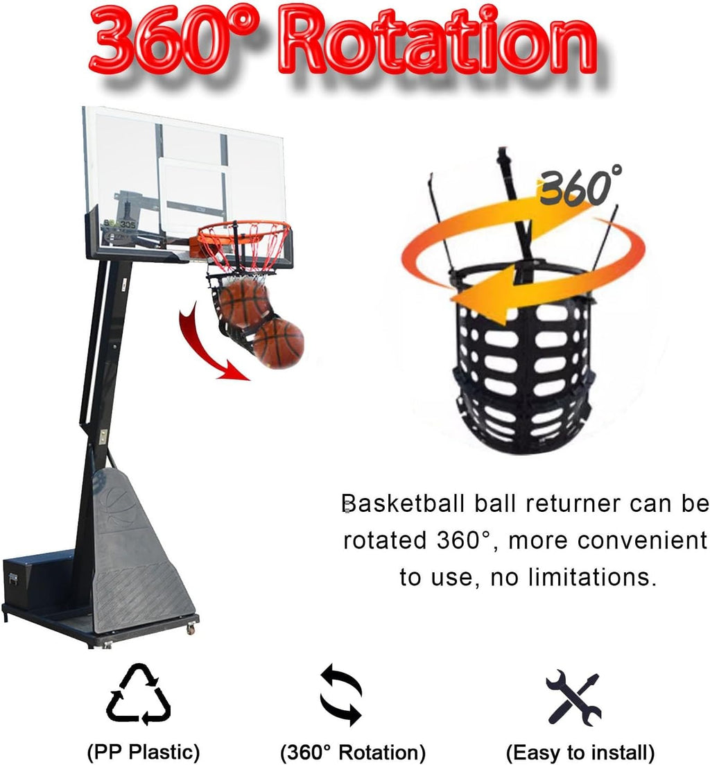 Basketball Return Attachment with 360° Rotating Chute, Outdoor Basketball Shot Returner, Plastic Basketball Net Catcher