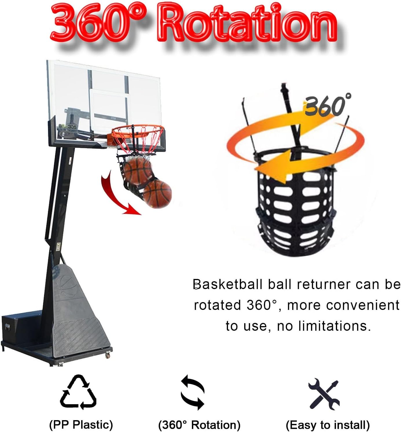 Basketball Return Attachment with 360° Rotating Chute, Outdoor Basketball Shot Returner, Plastic Basketball Net Catcher