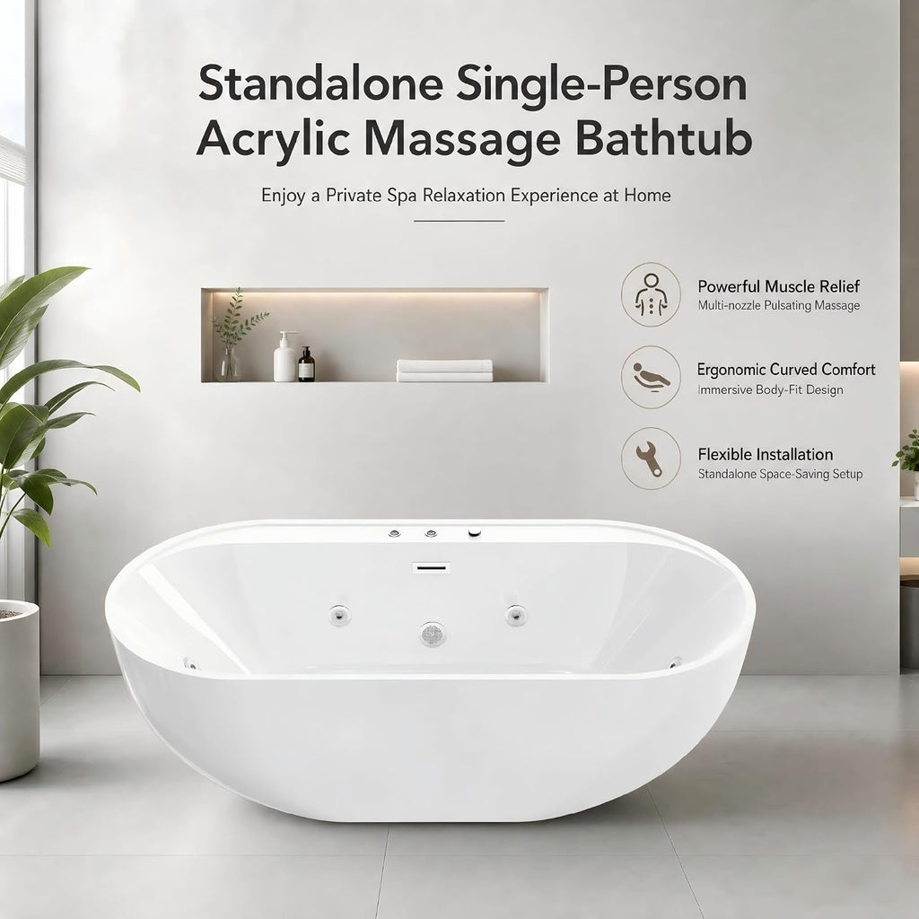 67x31.5 Inch Freestanding Jetted Whirlpool Bathtub | 6 Massage Jets, 8 Air Bubble System, Color-Changing LED Chromatherapy & Adjustable Hydro Massage (white-3)