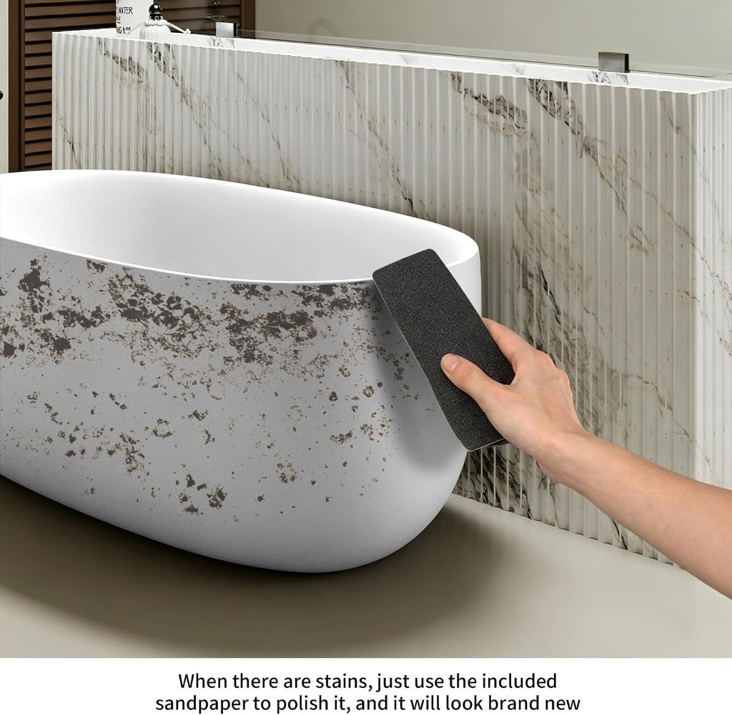 51' Stone Resin Freestanding Bathtub, Oval Shape Solid Surface Freestanding Tubs for Small Bathroom, Stand Alone Soaking Tubs with Integrated Slotted Overflow and Drain, Matte White