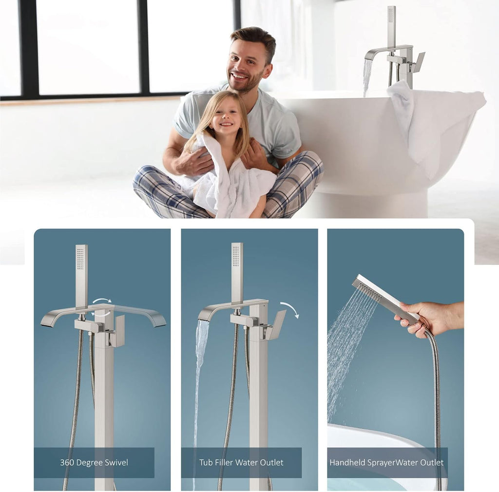 Aolemi Freestanding Bathtub Faucet Floor Mount Tub Filler with Handheld Spray Single Handle Free Standing Bathroom Faucets Swivel Curved Waterfall Spout Brushed Nickel