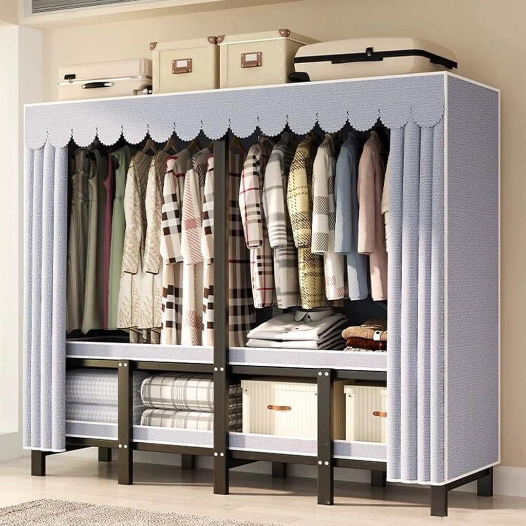 Heavy Duty Extra Large Portable Wardrobe Closets Freestanding Clothing Rack Organizers and Storage with Cotton Cover Metal Foldable Garment Rack for Hanging Clothes Shelves for Bedroom (74.8in), blue
