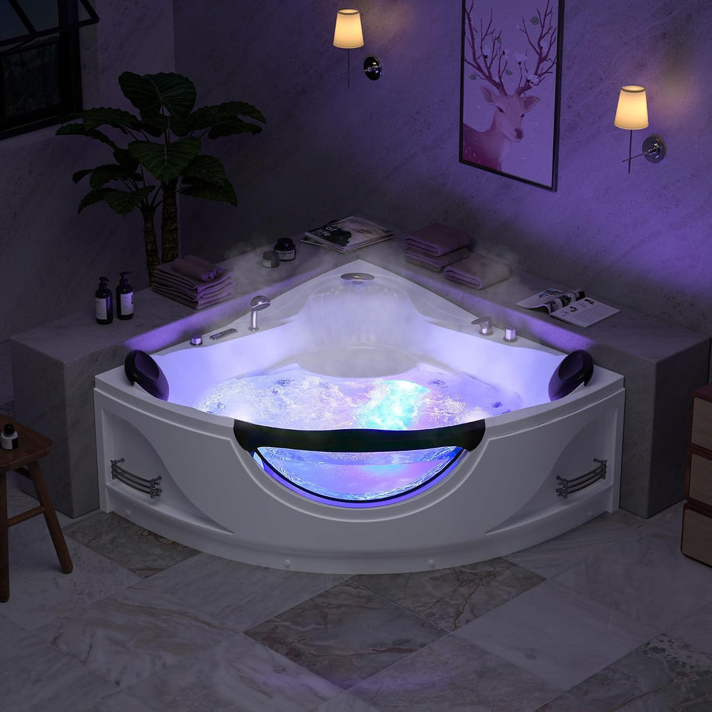 Empava 59' Corner Whirlpool Bathtub for 2-Person, Luxury Jetted Spa Tub with 10 Hydro Massage Jets, Built-in Heater, Chromatherapy LED Lights & Constant Heat System, ETL Certified Acrylic Tub