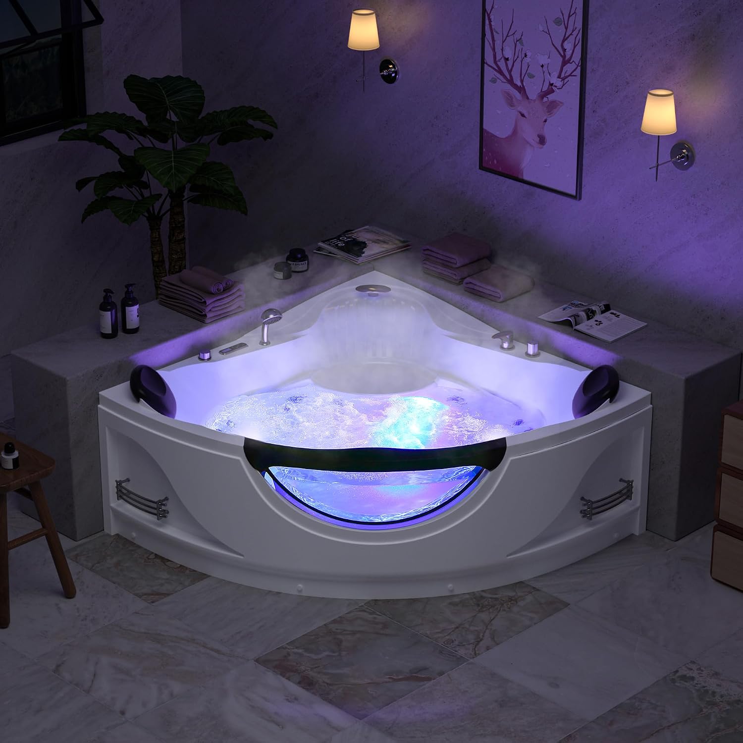 Empava 59' Corner Whirlpool Bathtub for 2-Person, Luxury Jetted Spa Tub with 10 Hydro Massage Jets, Built-in Heater, Chromatherapy LED Lights & Constant Heat System, ETL Certified Acrylic Tub