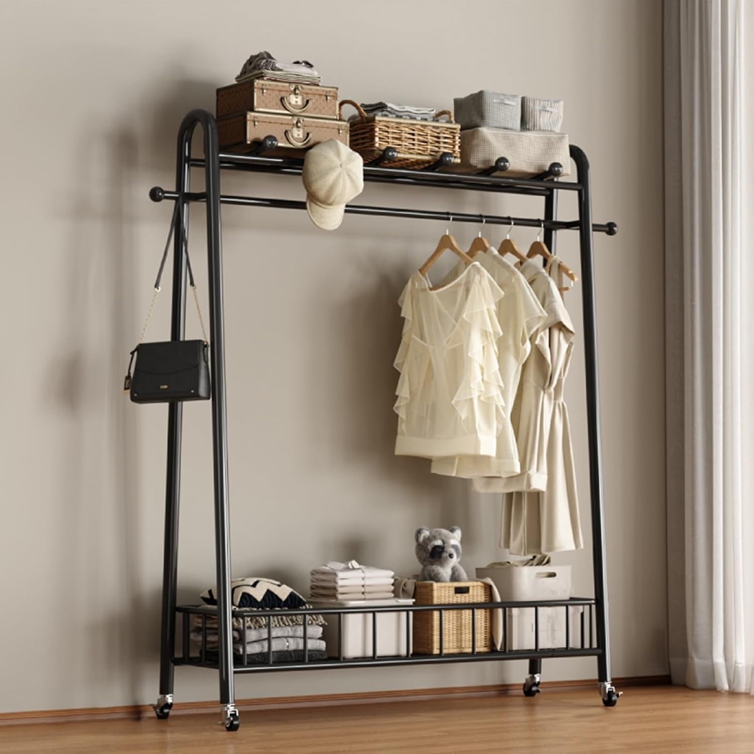 Clothing Rack for Hanging Clothes, Clothes Rack, Rolling Garment Rack, Clothing Rack with Bottom Mesh Storage Shelf, Freestanding Wardrobe Storage Rack Metal Clothing Rack(Black,100cm/39.4in)