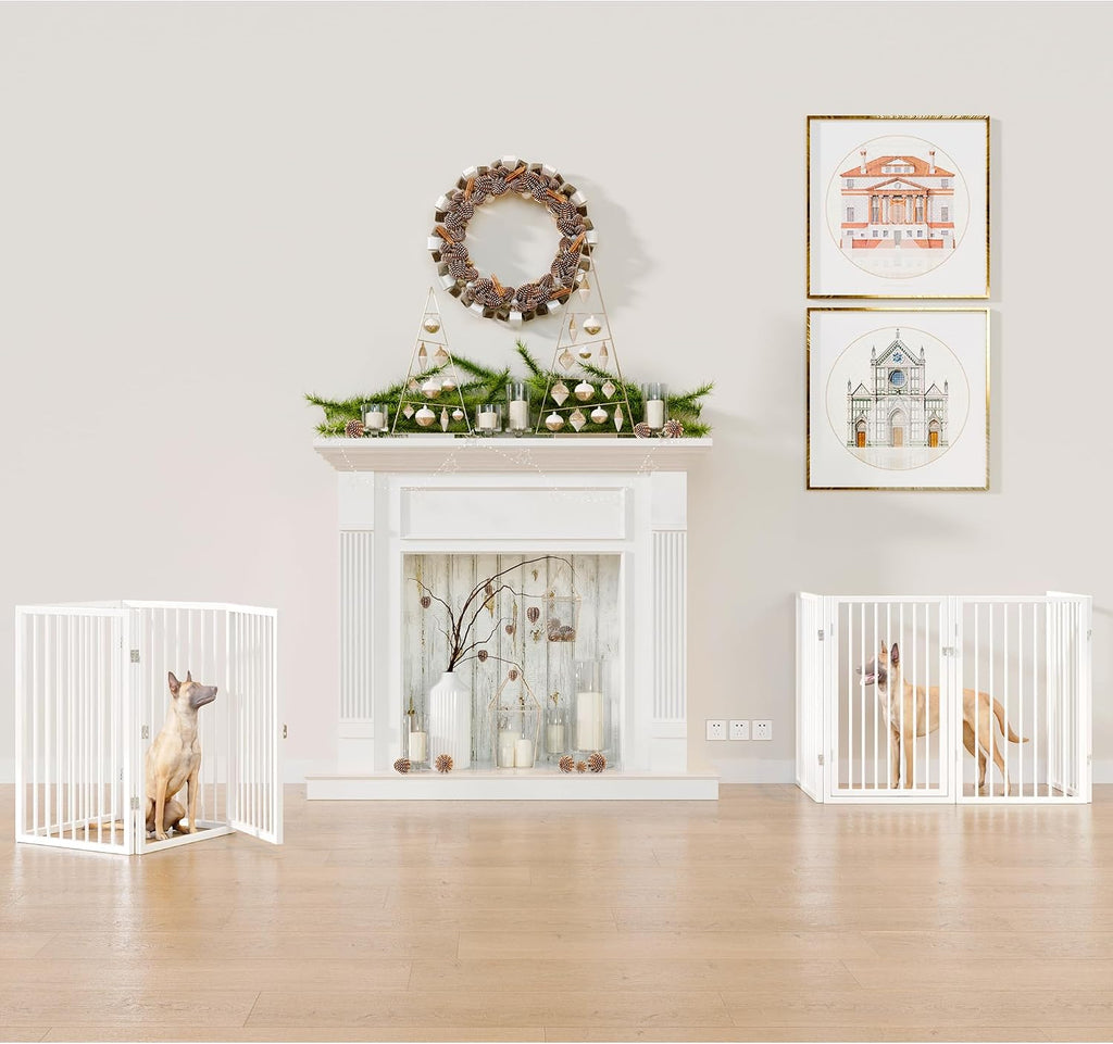 Vantas Folding No-Assembly Metal Pet Gate 80' Wide, 32' Extra Tall Dog Gate with Door Walk Through, Freestanding Accordion Puppy Gate Dog Door for Indoor & Outdoor, with 2PCS Support - White