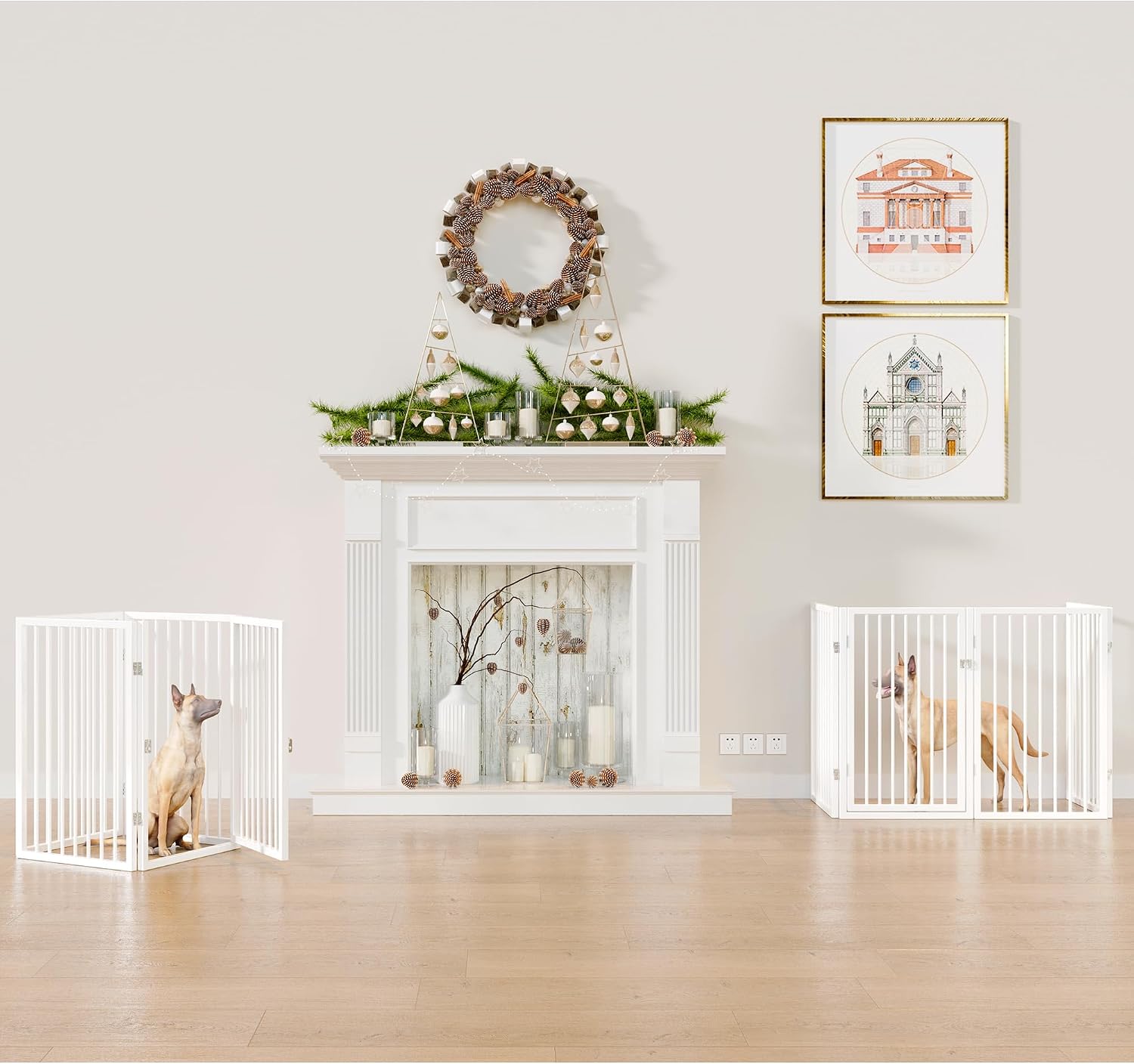 Vantas Folding No-Assembly Metal Pet Gate 80' Wide, 32' Extra Tall Dog Gate with Door Walk Through, Freestanding Accordion Puppy Gate Dog Door for Indoor & Outdoor, with 2PCS Support - White