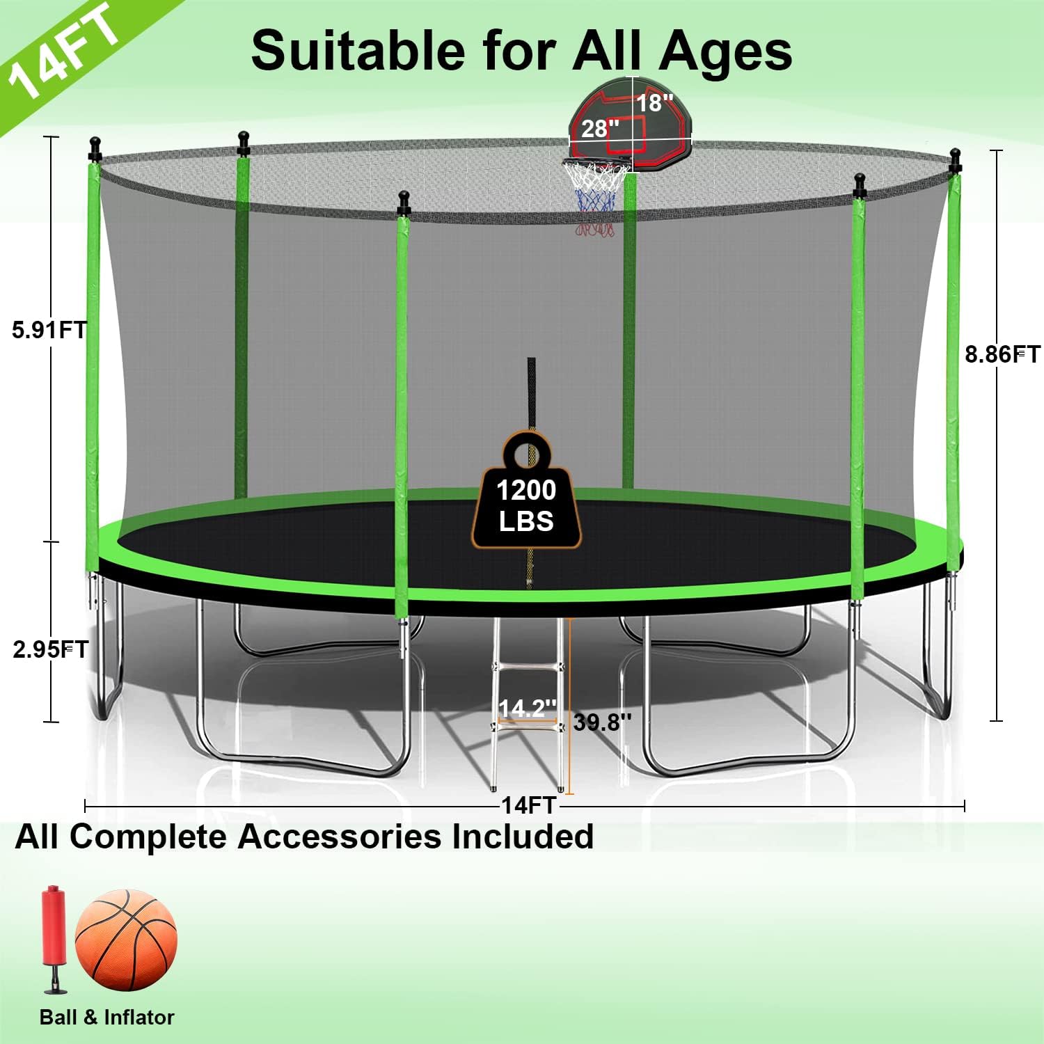 1500LBS 16FT 15FT 14FT 12 FT 10FT 8FT Tranpoline for Kids and Adults with Sprinkler, Lights with Music Speaker, Socks, Water Ball, Heavy Duty Outdoor Tranpoline with Net Enclosure and Ladder