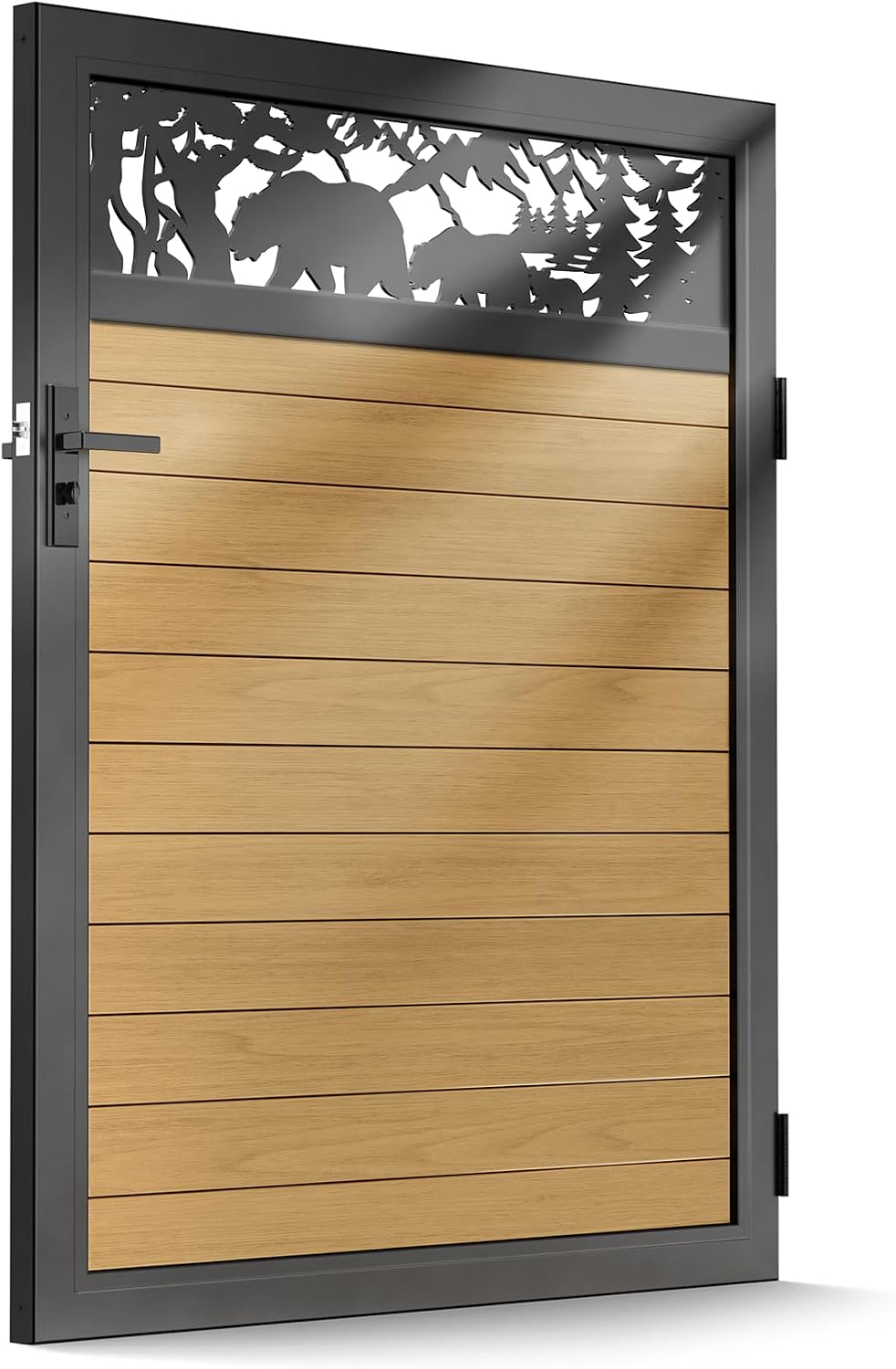 4x5 FT Aluminum Fence Gate Kit Wood Grain Aluminum Gate with Decorative Cutout, Lock & Hinges, Left/Right Opening, Weather Resistant for Yard Garden Patio