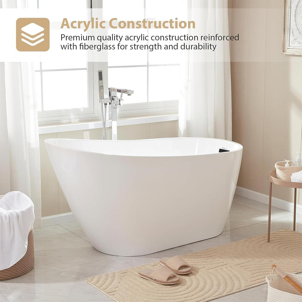 Vanity Art 55 x 28 Inches Freestanding Bathtub White Acrylic Bathtub Modern Stand Alone Soaker Tub with UPC Certified Slotted Overflow and Pop-up Drain for Single Person Bathing