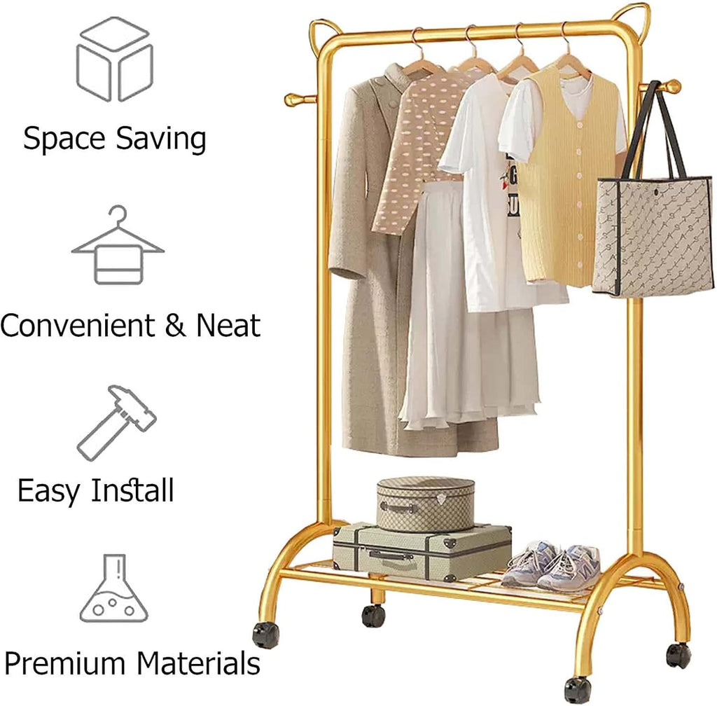 Freestanding Garment Rack Hanger,24x16x61 Inch Heavy Duty Metal Clothes Rack, Clothes Rail On Wheels, Coat Stand with 1 Clothes Rail and Shelf, Multifunctional Clothing Rack(Gold,39x16x61 Inch)