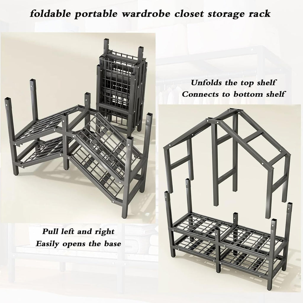 Heavy Duty Portable Wardrobe Closet With Cover and Wheels Collapsible Clothes Rack With Hang Rods & Shelves Large Rolling Garment Rack for Hanging Clothes Coat Storage Organizer(Size:150*52*180cm)