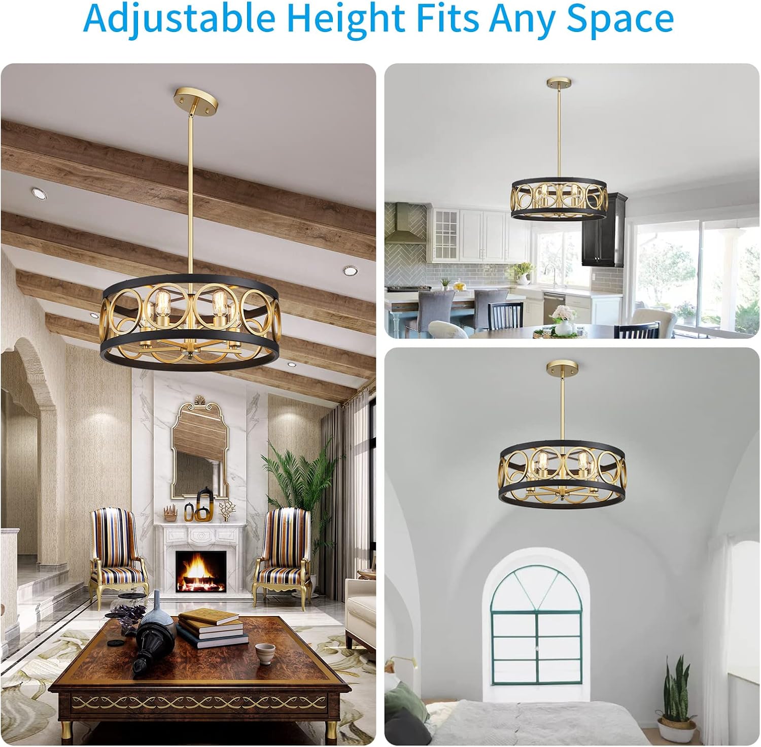 XINGQI 21.7'' Drum Chandelier, 5-Light Rustic Pendant Lighting Modern Farmhouse Chandeliers for Living Room Dining Room Bedroom, Black and Gold Finish Round Metal Ceiling Light Fixture