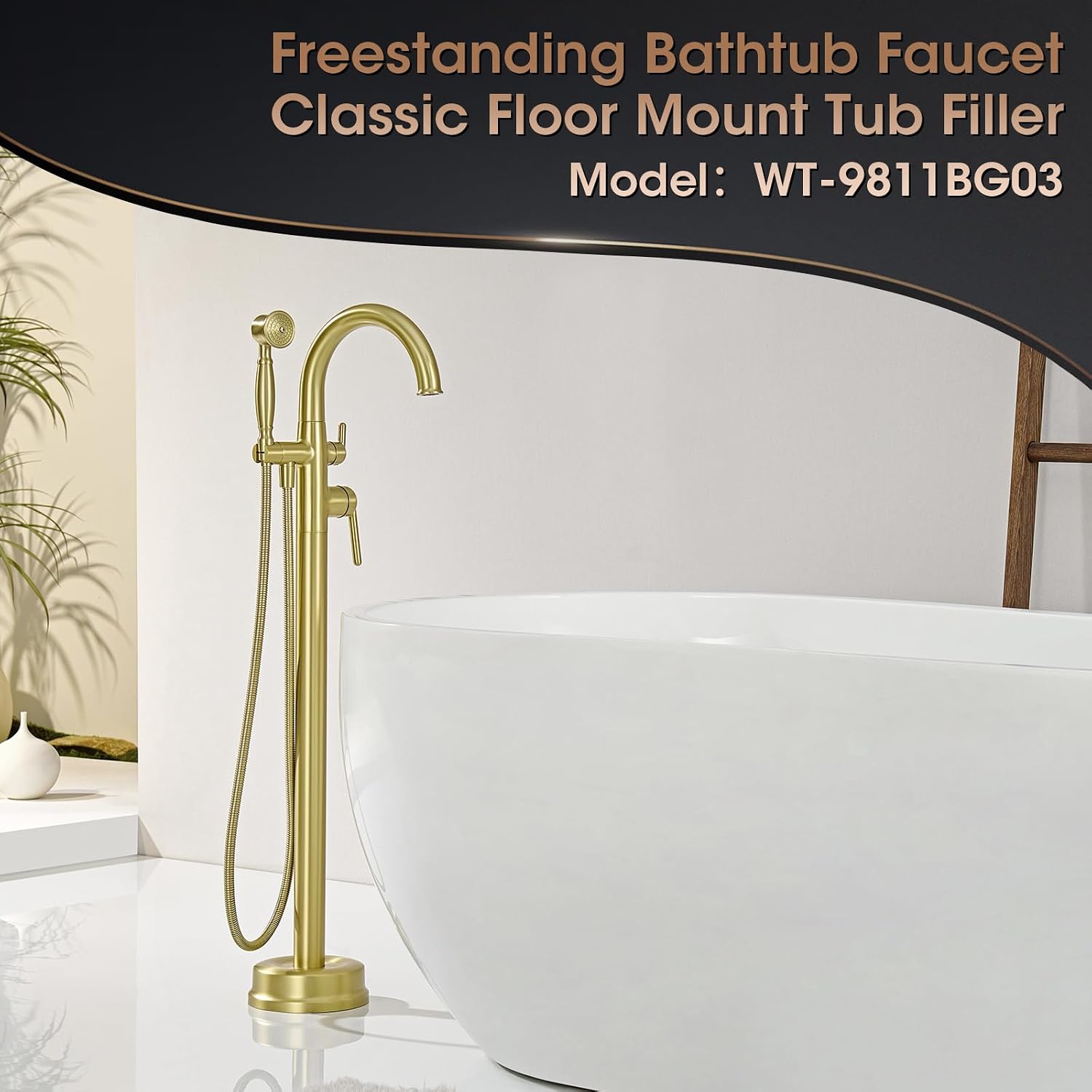 Freestanding Tub Faucets, Brass Freestanding Bathtub Faucet with Hand Shower, Floor Mount Tub Filler with Sprayer Brushed Light Gold（WT-9811BG03）
