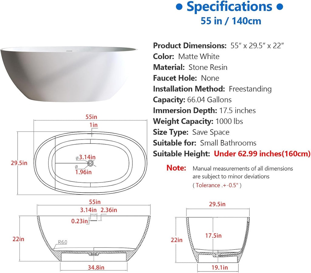 55″ Freestanding Solid Surface Bathtub, Oval Thick Edge Matte White Stone Resin Stand Alone Soaking Tub, Ergonomic Free standing Flatbottom Tubs with Overflow, Pop-up Drain (Matte White, 55')