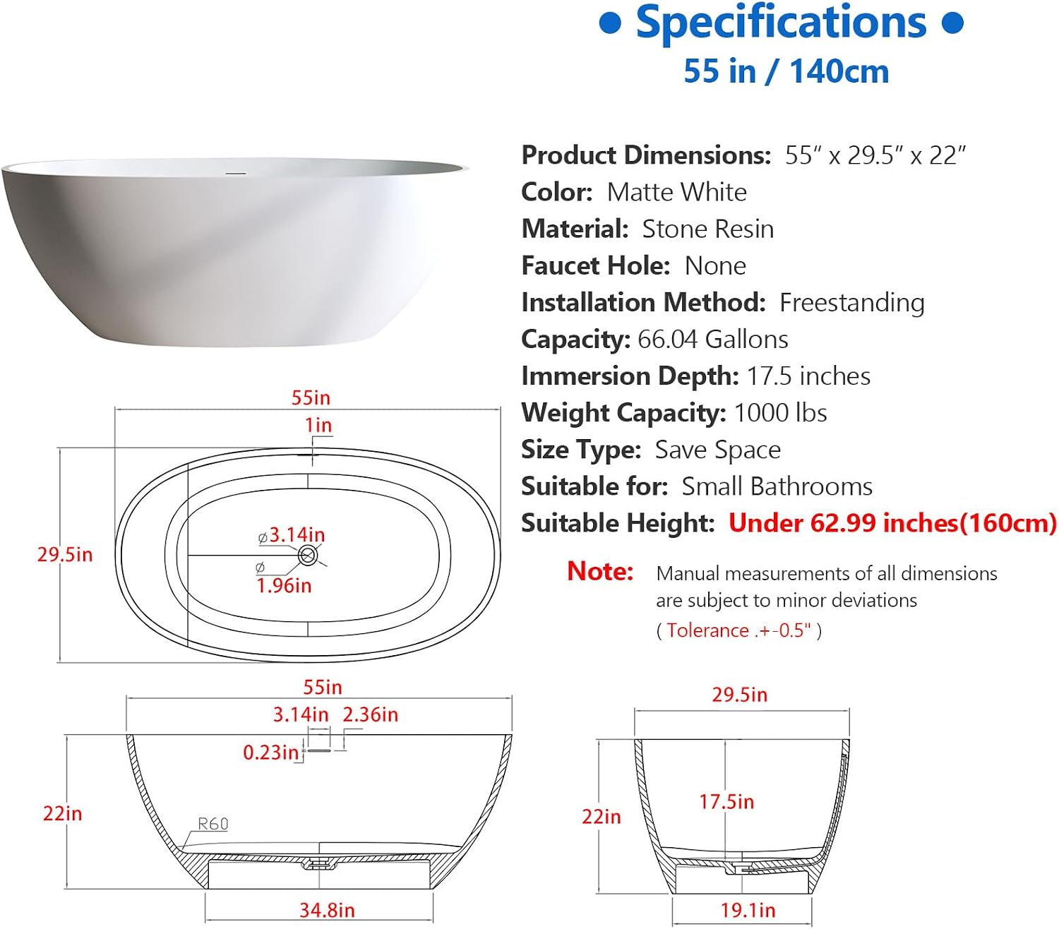 55″ Freestanding Solid Surface Bathtub, Oval Thick Edge Matte White Stone Resin Stand Alone Soaking Tub, Ergonomic Free standing Flatbottom Tubs with Overflow, Pop-up Drain (Matte White, 55')