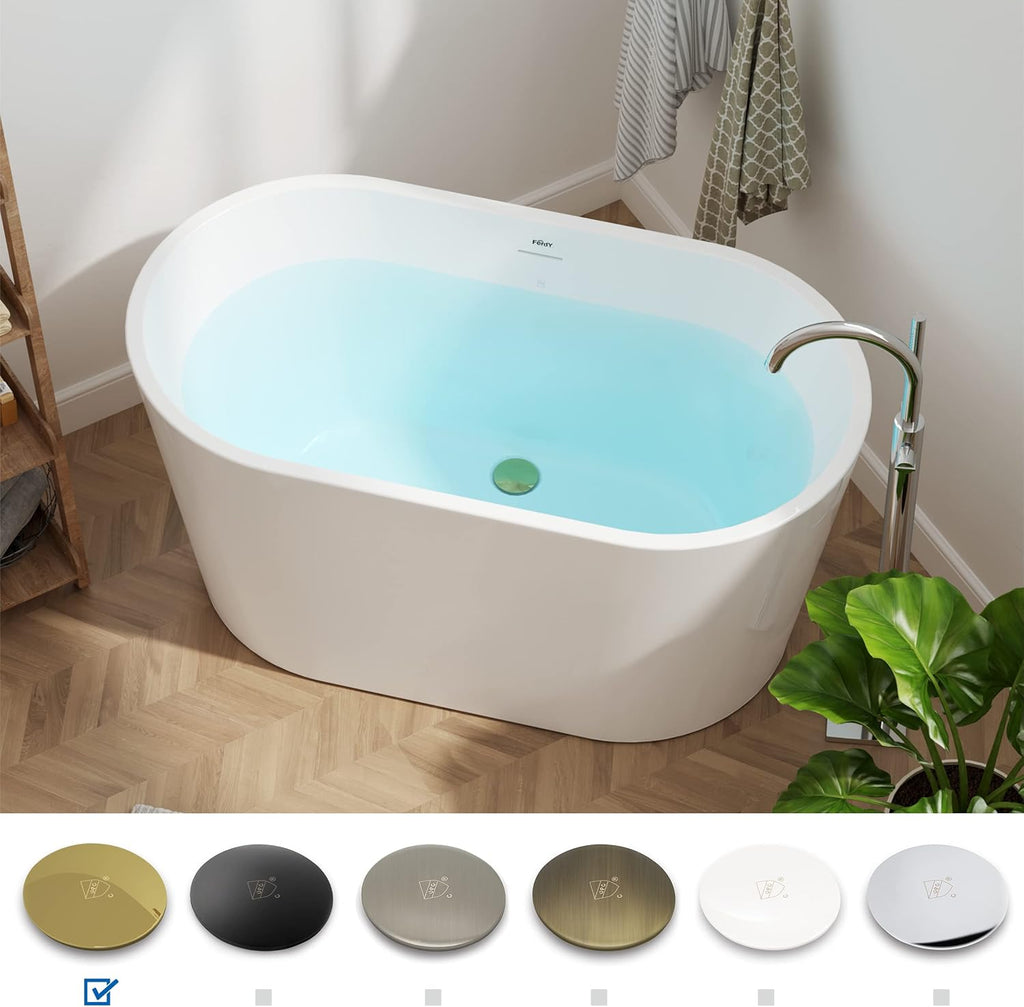 FerdY Shangri-La 47' Acrylic Freestanding Bathtub, Small Classic Oval Shape Acrylic Soaking Bathtub with Polished Gold Drain & Bath Pillow for Bathtub,Thick Tub Pillows, Breathable 4D Air Mesh