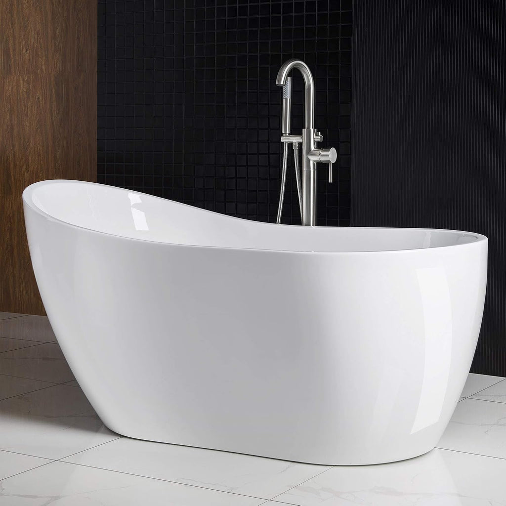 Woodbridge 59' Acrylic Freestanding Bathtub Contemporary Soaking Tub with Brushed Nickel Overflow and Drain BTA1530,With Brushed Nickel-Faucet F0001BN (BTA1530+ F-0001)