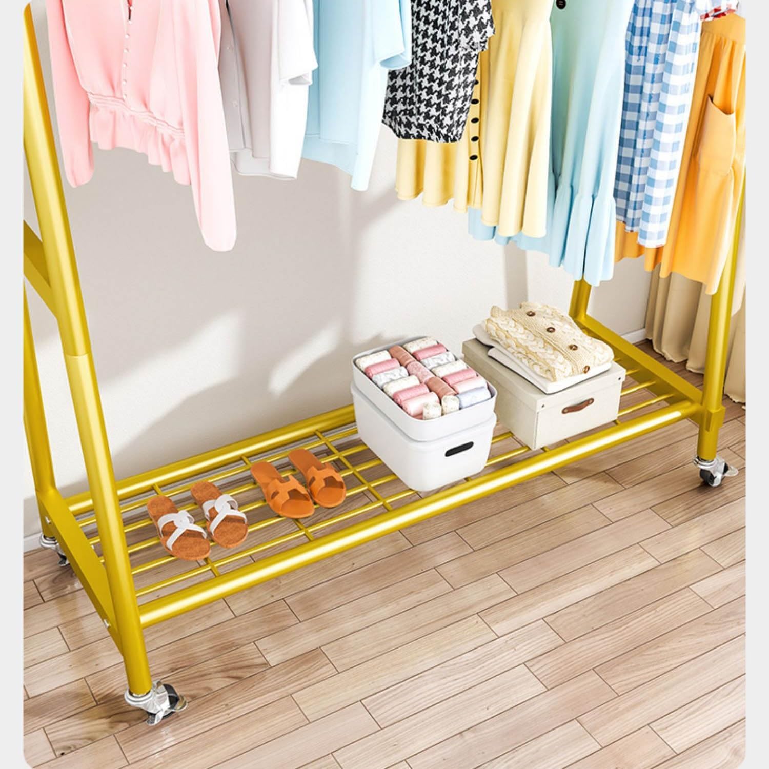 Clothing Rack,Premium Heavy Duty Rolling Clothes Rack With Wheels, Metal Garment Organizer With Storage Shelf, Portable Clothing Stand For Hanging Clothes - Gold, 100X40.5X156,Gold 100X40.5X156Cm