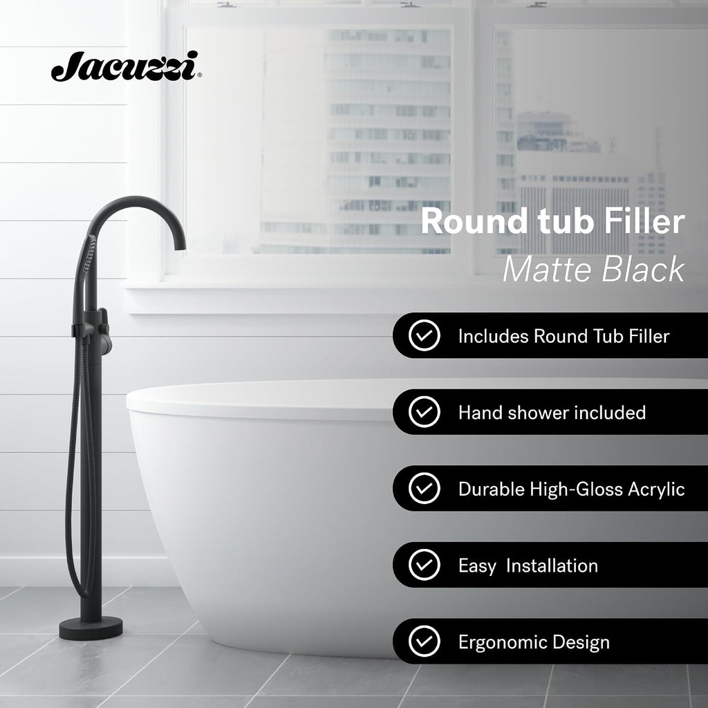 Jacuzzi SIGNATURE Oval Freestanding Acrylic Soaking Bathtub, 59.2' (L) x 29.7' (W) x 23.6' (H), Matte Black Tub Filler & Hand Shower, Universal Drain, Contemporary Style for Homes & Businesses, White