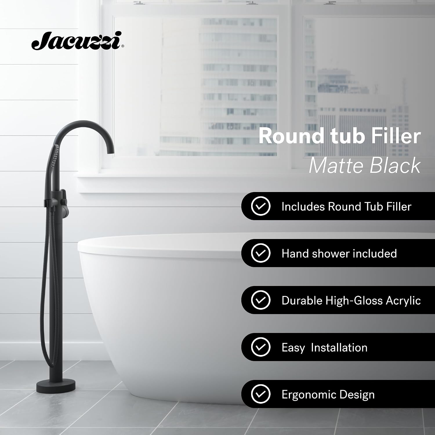 Jacuzzi SIGNATURE Oval Freestanding Acrylic Soaking Bathtub, 59.2' (L) x 29.7' (W) x 23.6' (H), Matte Black Tub Filler & Hand Shower, Universal Drain, Contemporary Style for Homes & Businesses, White