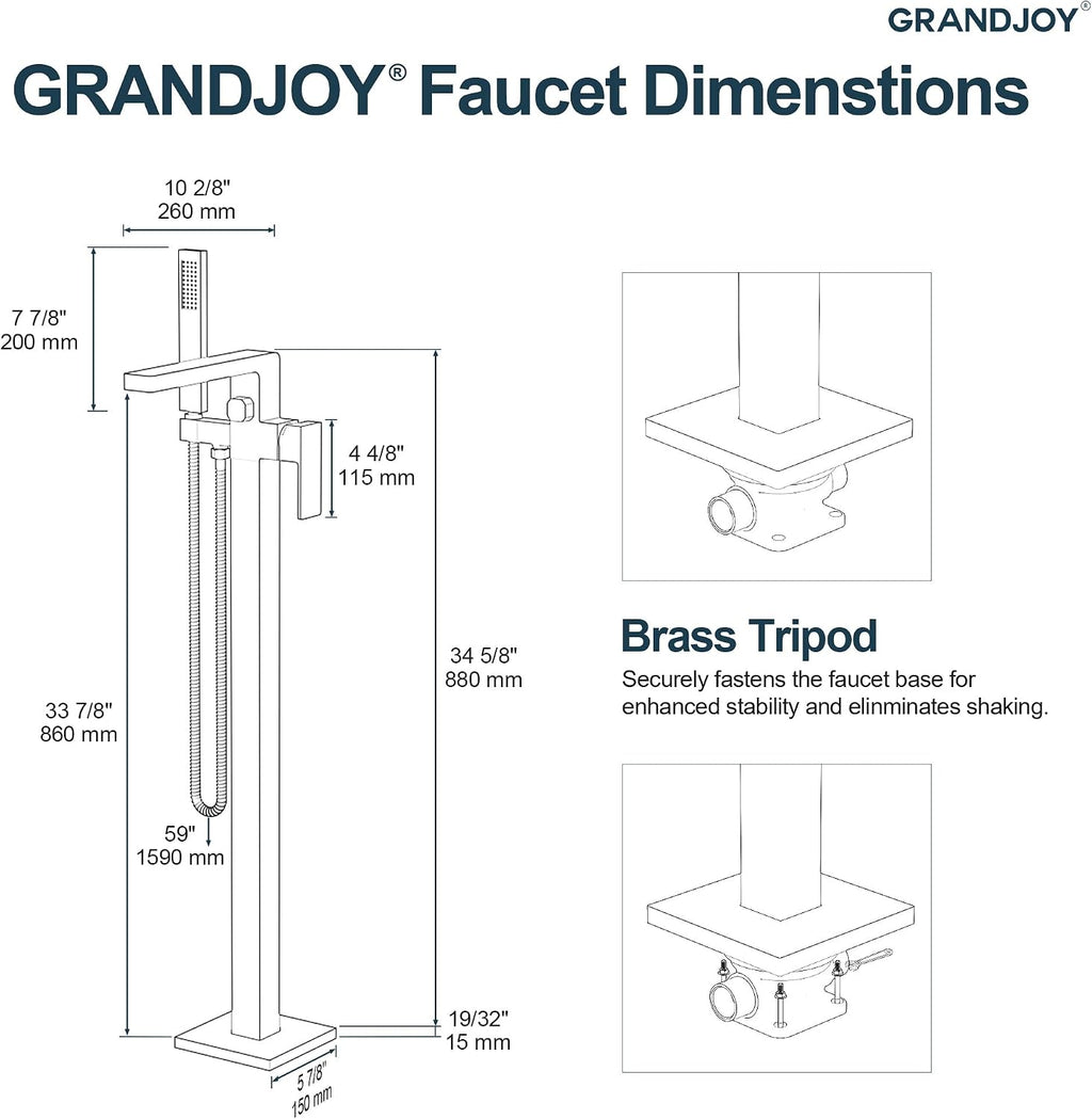 Brushed Gold Freestanding Bathtub Faucet with Hand Shower, Single Handle Waterfall Spout, Solid Brass & Stainless Steel High Flow Tub Filler, Floor Mount