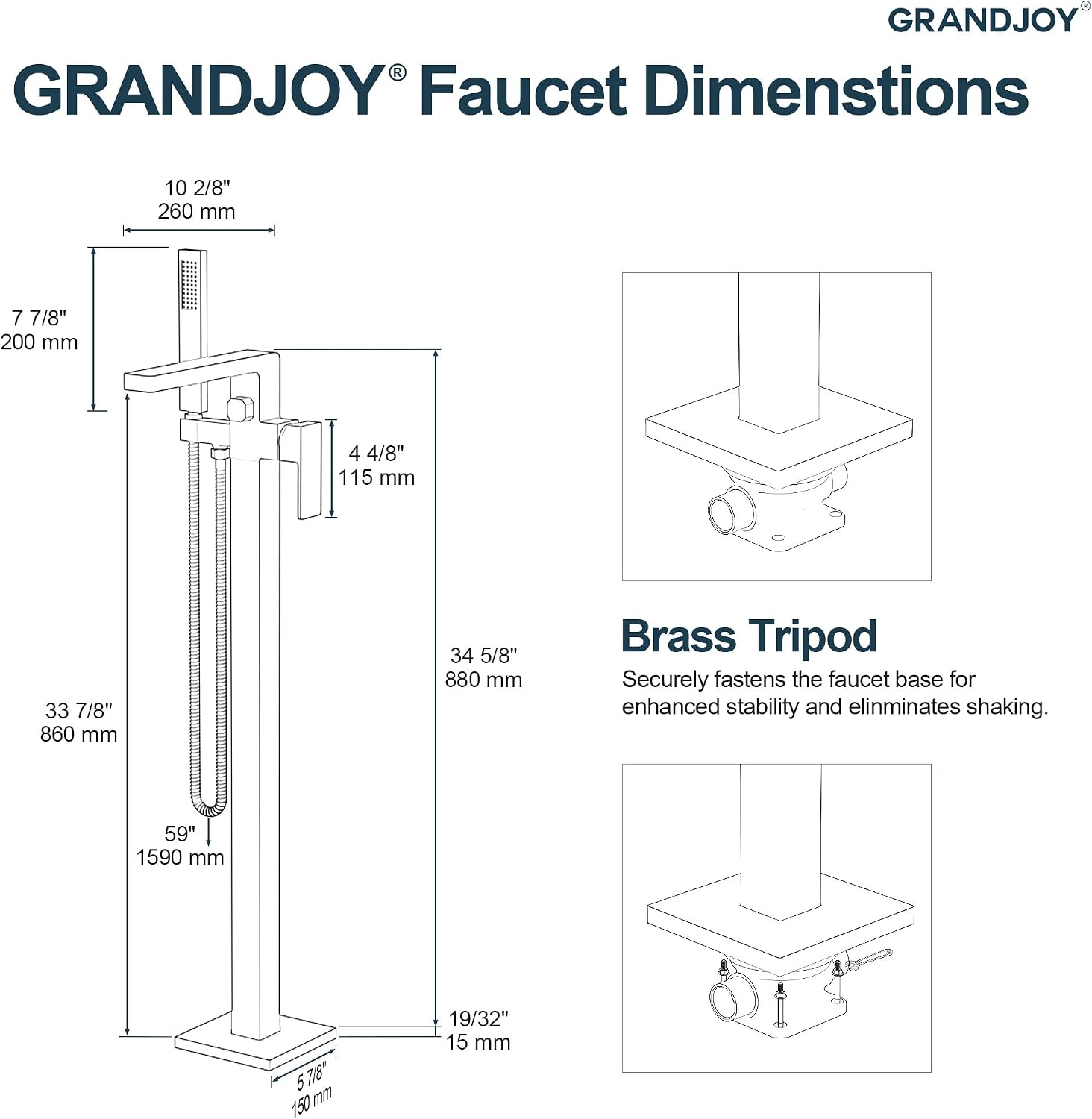 Brushed Gold Freestanding Bathtub Faucet with Hand Shower, Single Handle Waterfall Spout, Solid Brass & Stainless Steel High Flow Tub Filler, Floor Mount