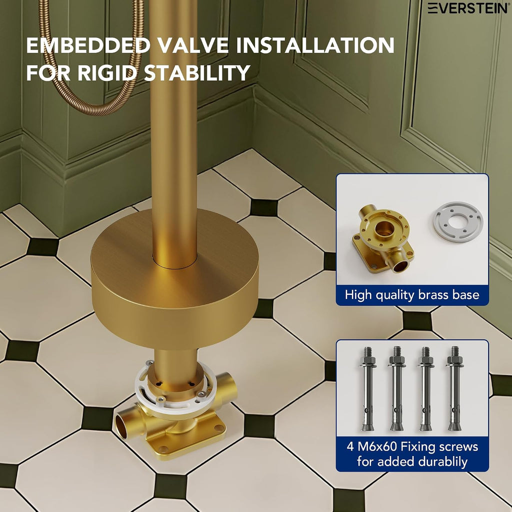 Freestanding Bathtub Faucet with Dual Handle Brass Tub Filler, Floor Mount Gooseneck Swivel Spout and Handheld Shower, Brushed Gold