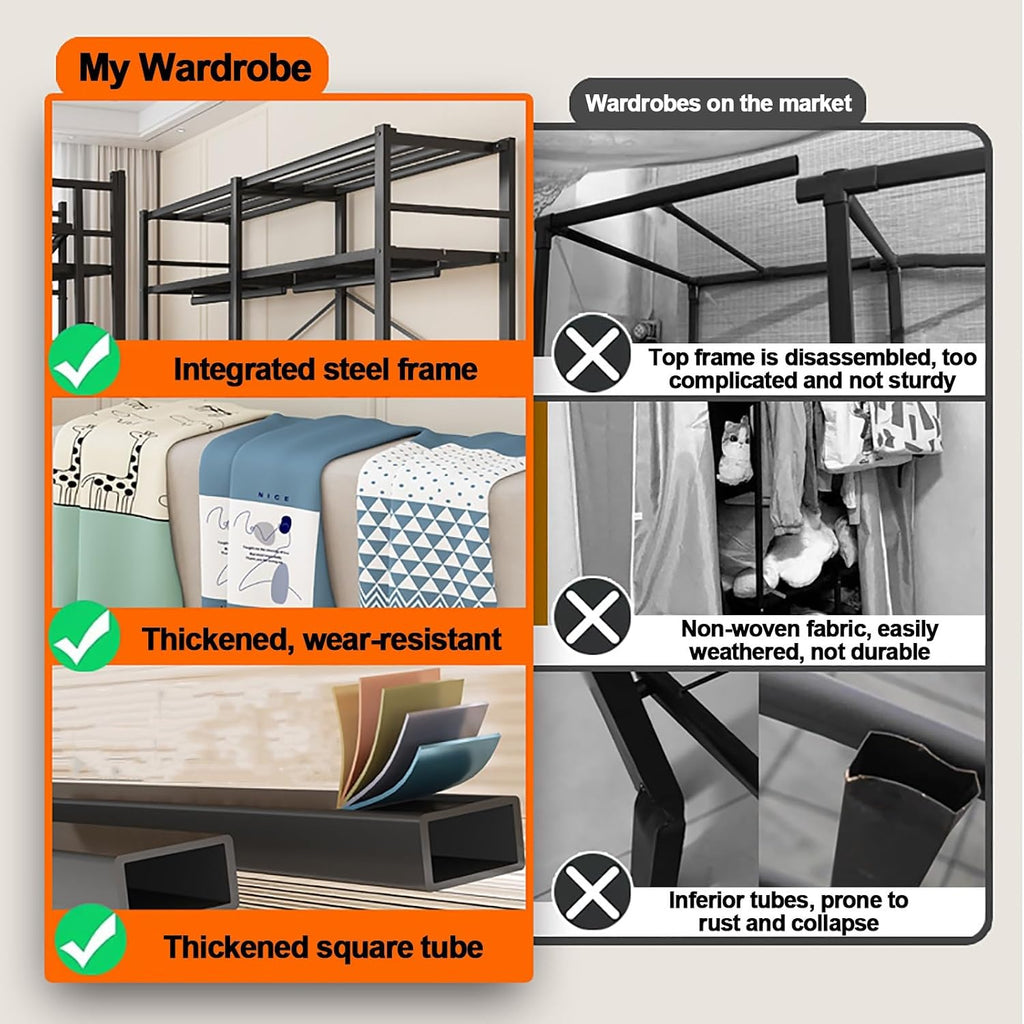 Heavy Duty Portable Wardrobe Closet with Cover, Foldable Metal Clothing Rack for Hanging Clothes, Garment Rack with Cover, Covered Metal Clothes Rack, for Bedroom, Dorm(Blue1,147cm/57.9inch)