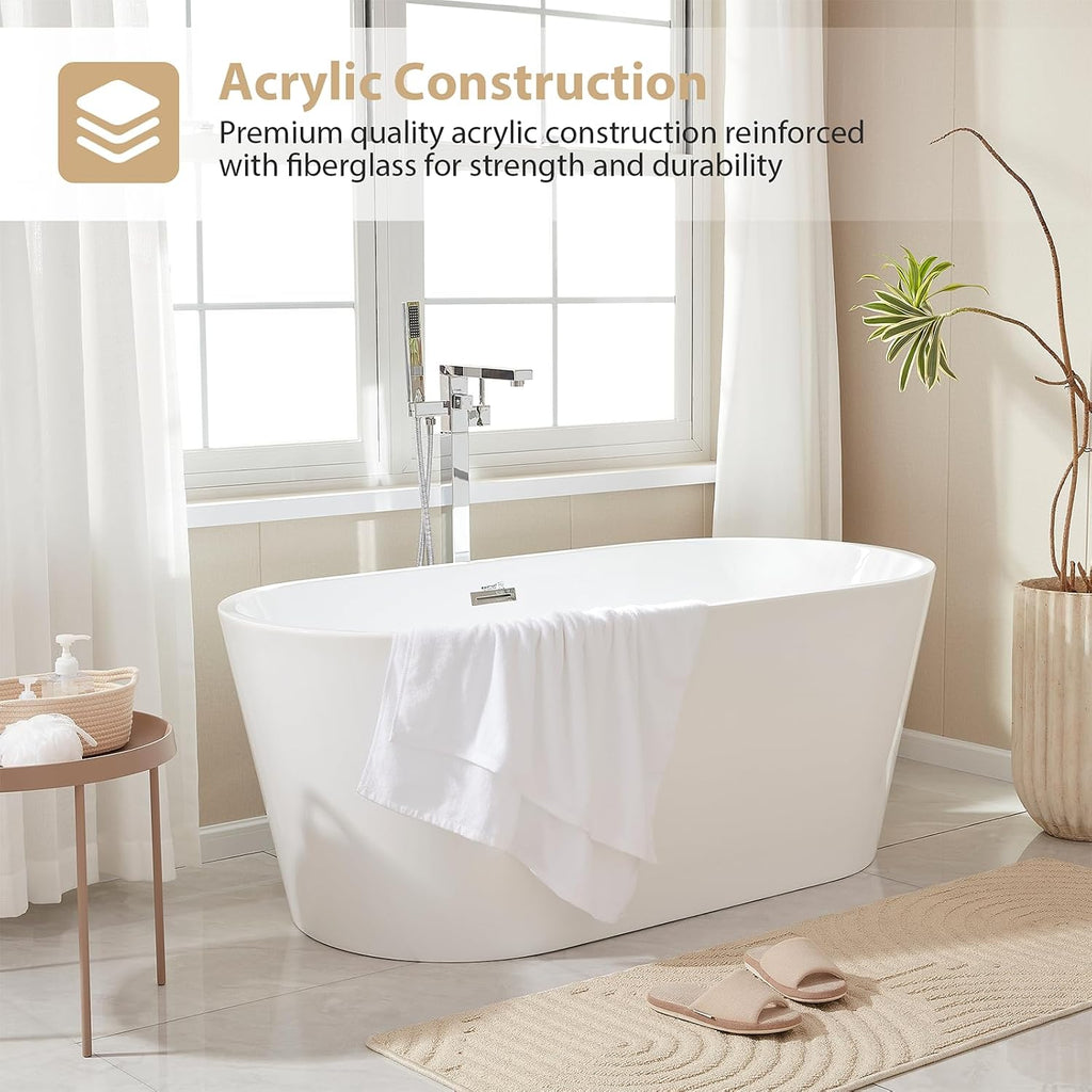 Vanity Art 54' x 30' Acrylic Freestanding Bathtub | Modern Stand Alone Soaking Tub with Overflow and Pop-up Drain, UPC Certified VA6815-XS-IO