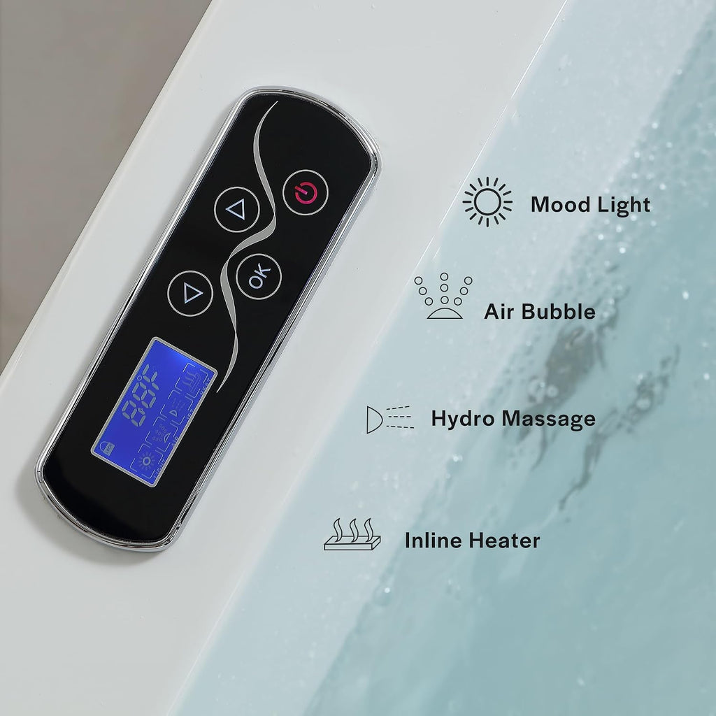 Empava Acrylic Whirlpool Bathtub, 71-Inch Jetted Bathtub with Healing Chromotherapy, Heated tub with LED Control Panel, Comforting Hydro Massage Tub with Waterfall, Brushed Nickel Hardware and Nozzles