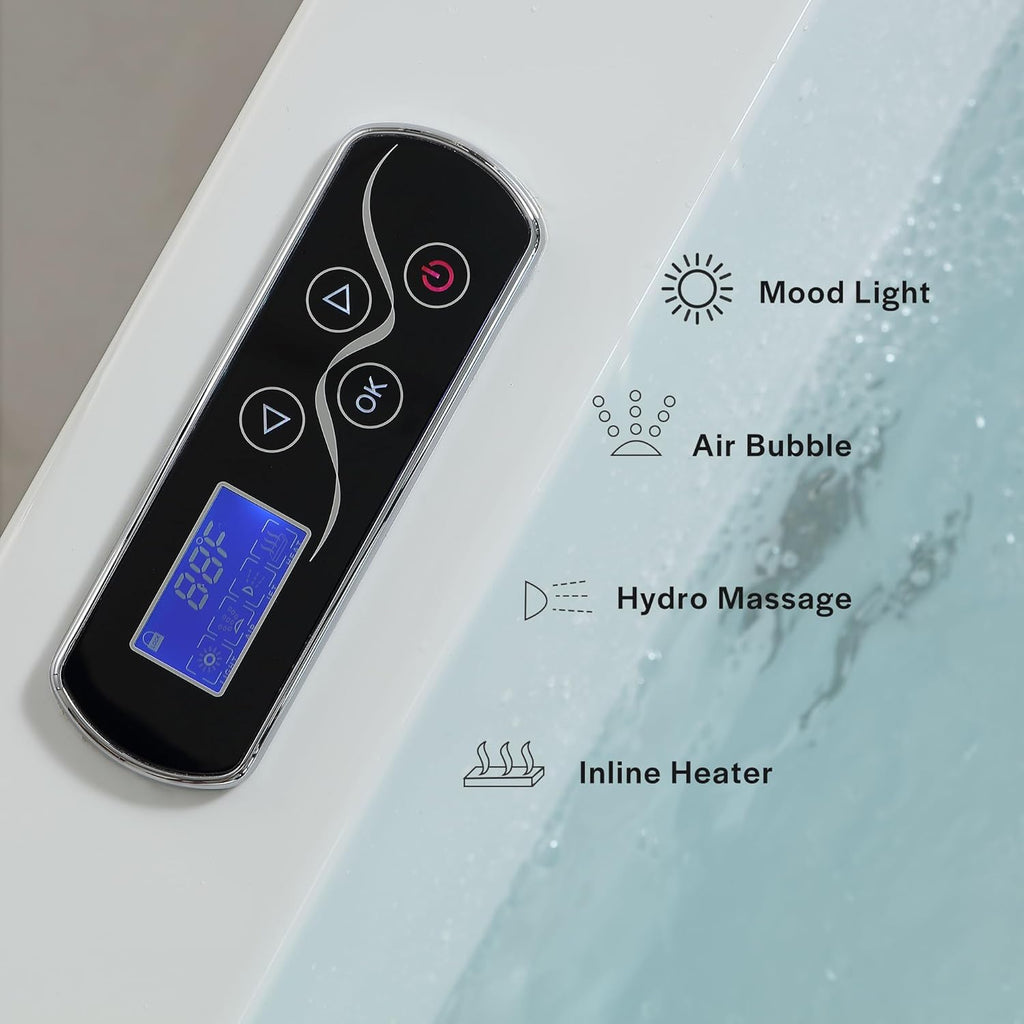 Empava Acrylic Whirlpool Bathtub, 71-Inch Jetted Bathtub with Healing Chromotherapy, Heated Soaking Tub with LED Control Panel, Comforting Hydro Massage Tub with Waterfall Joy, Black Pillow
