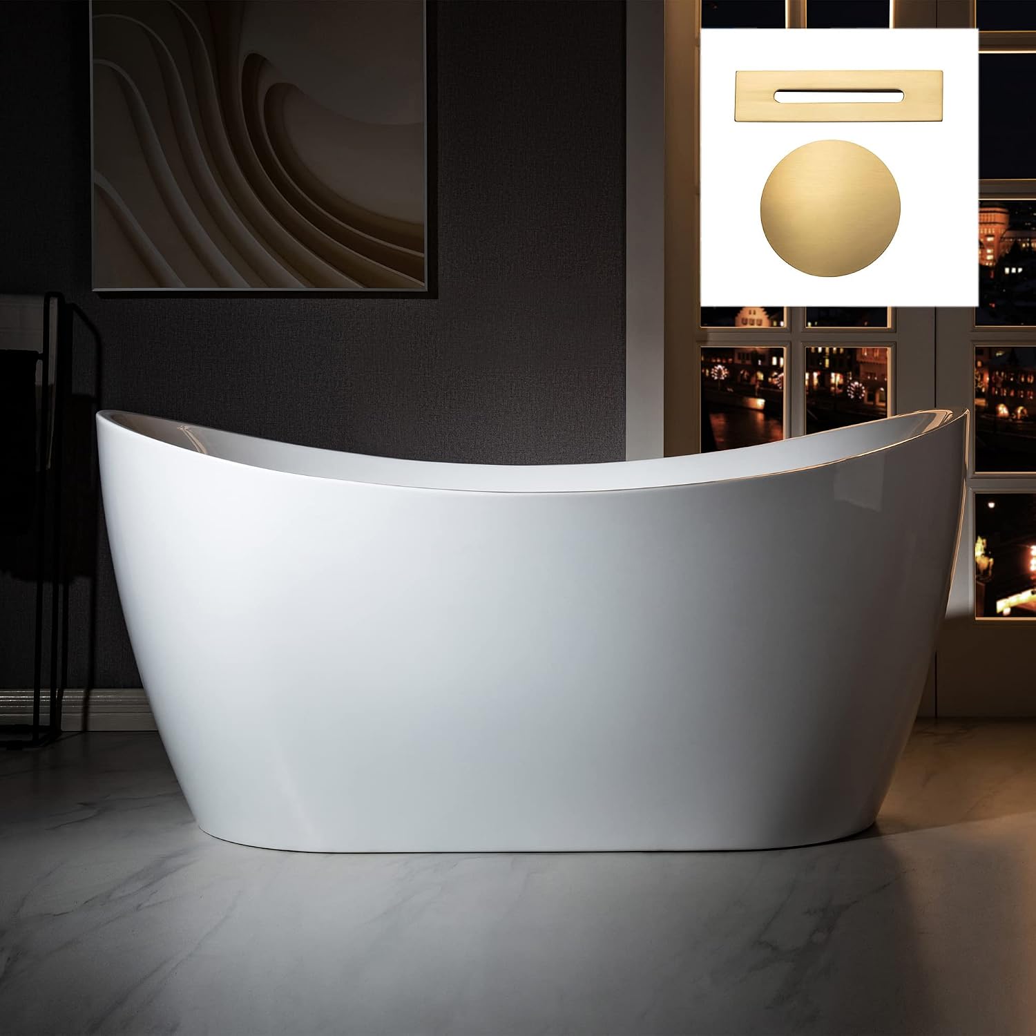 WOODBRIDGE 59'Freestanding White Acylic Soaking Bathtub with Brushed Gold Drain and Overflow,BTA1516 -BG-Drain &O